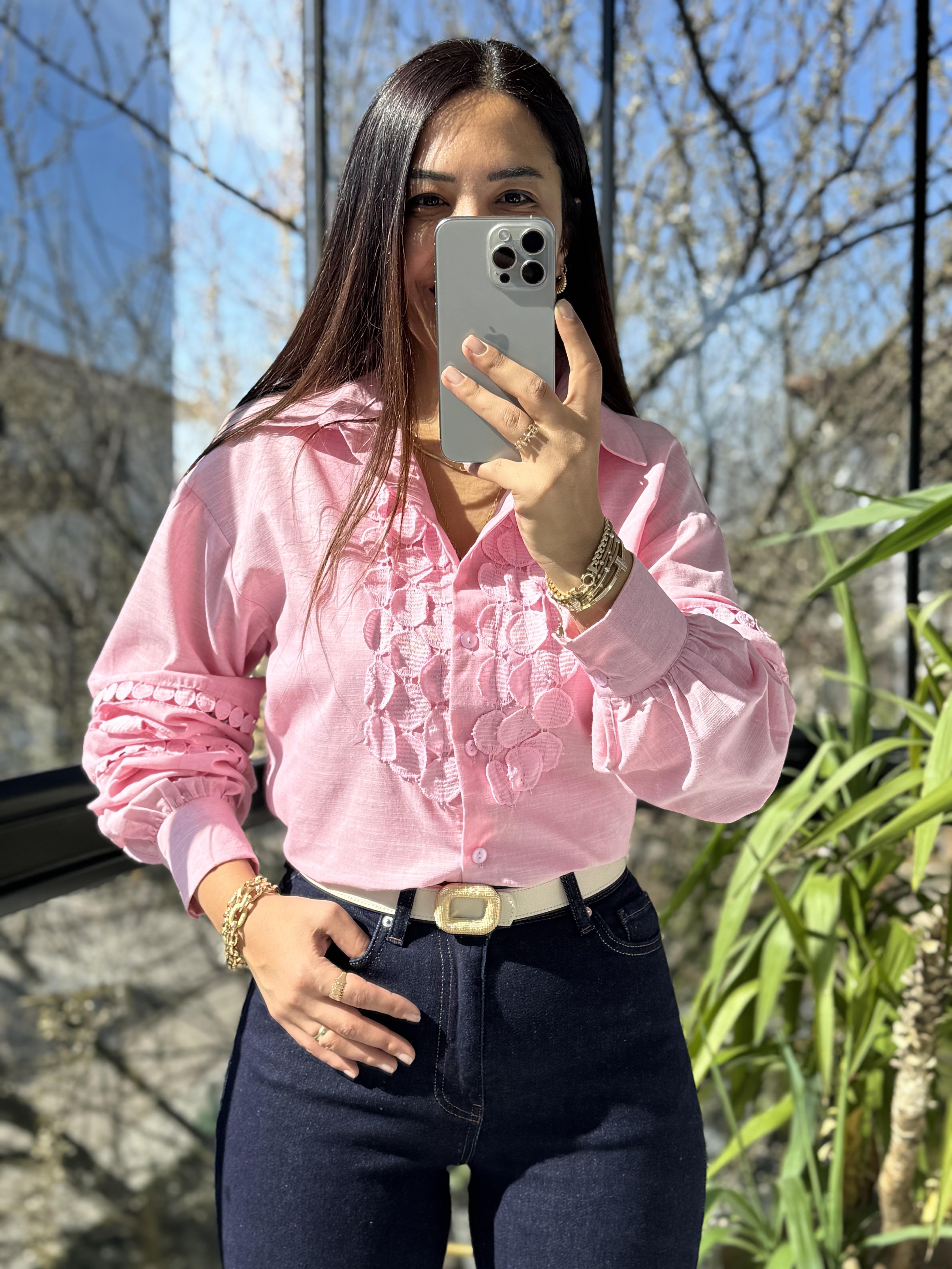 Göğüsü Kolları Yuvarlak Dantelli Gömlek Pembe