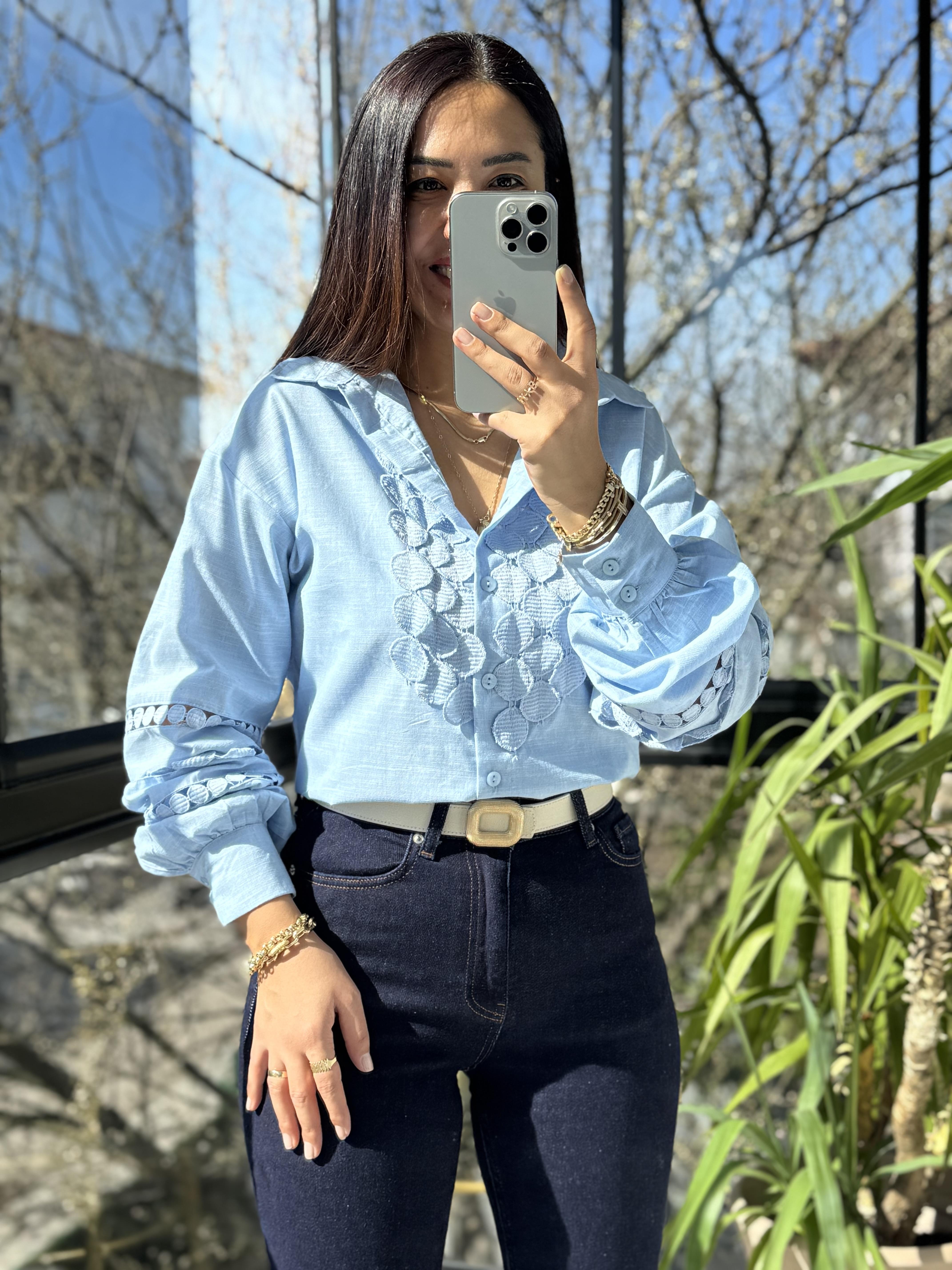 Göğüsü Kolları Yuvarlak Dantelli Gömlek Mavi