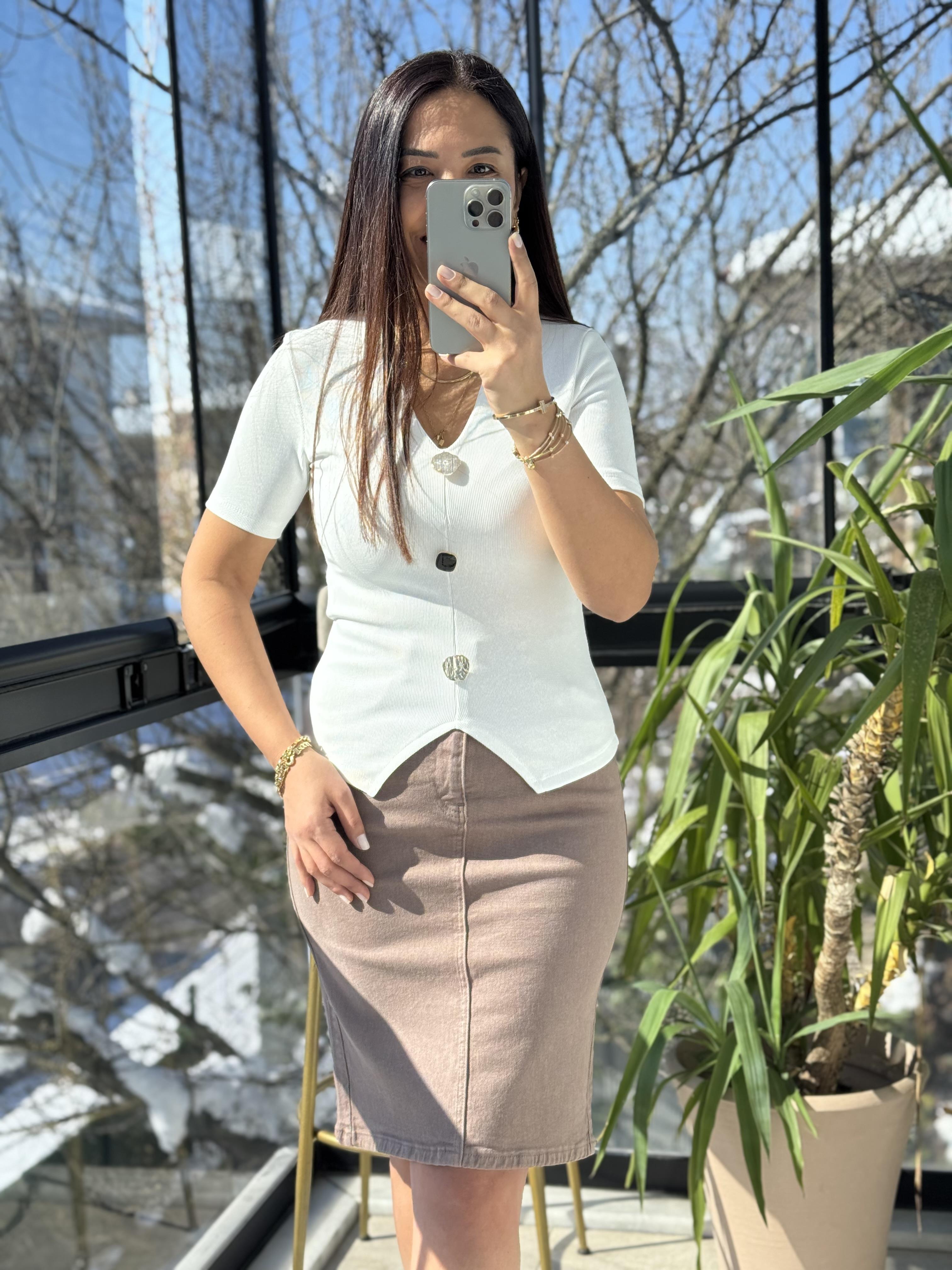 Gold Düğme Kısa Kol Bluz Ekru