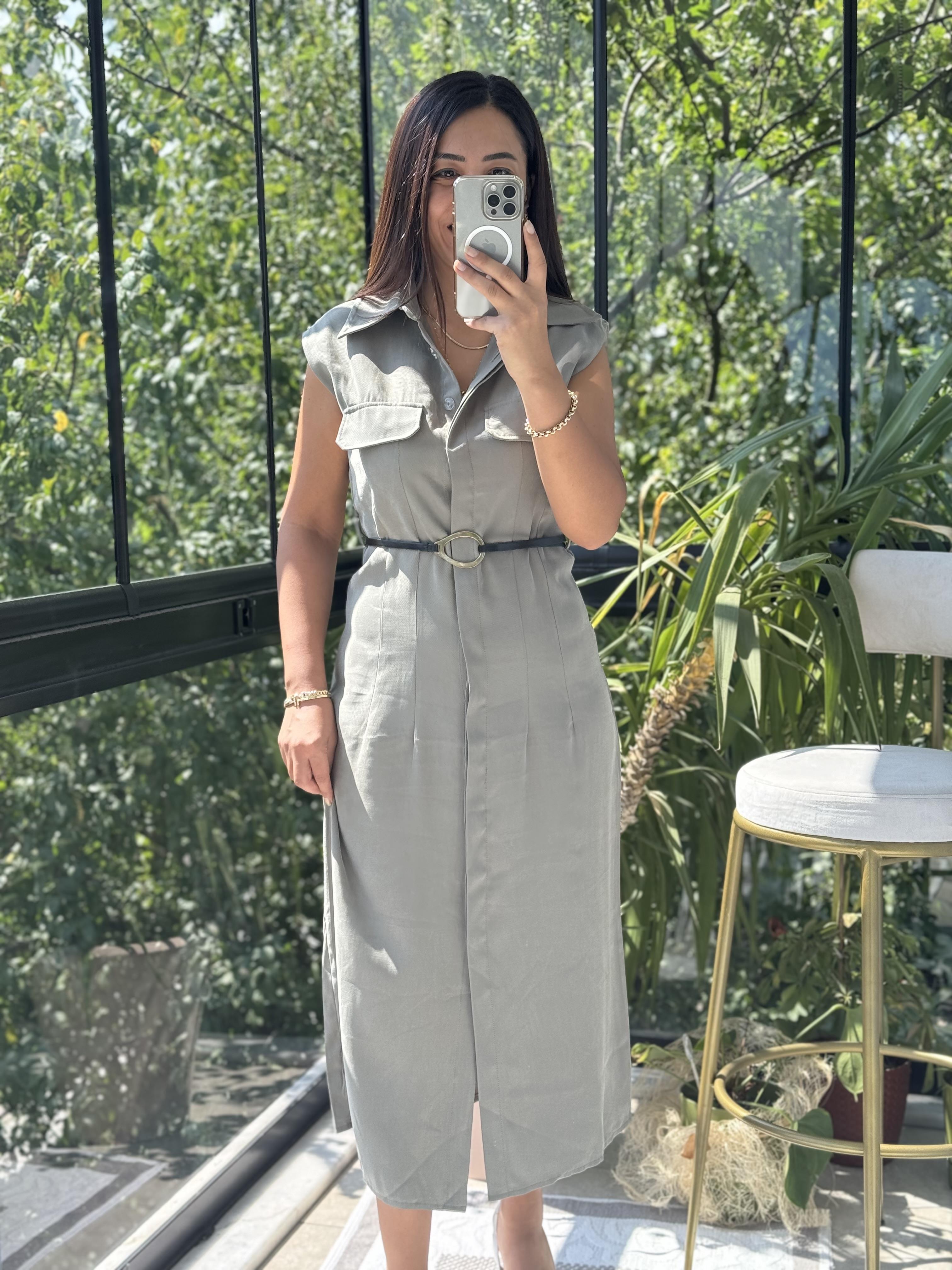 Gold Kemerli Elbise Haki Yeşili