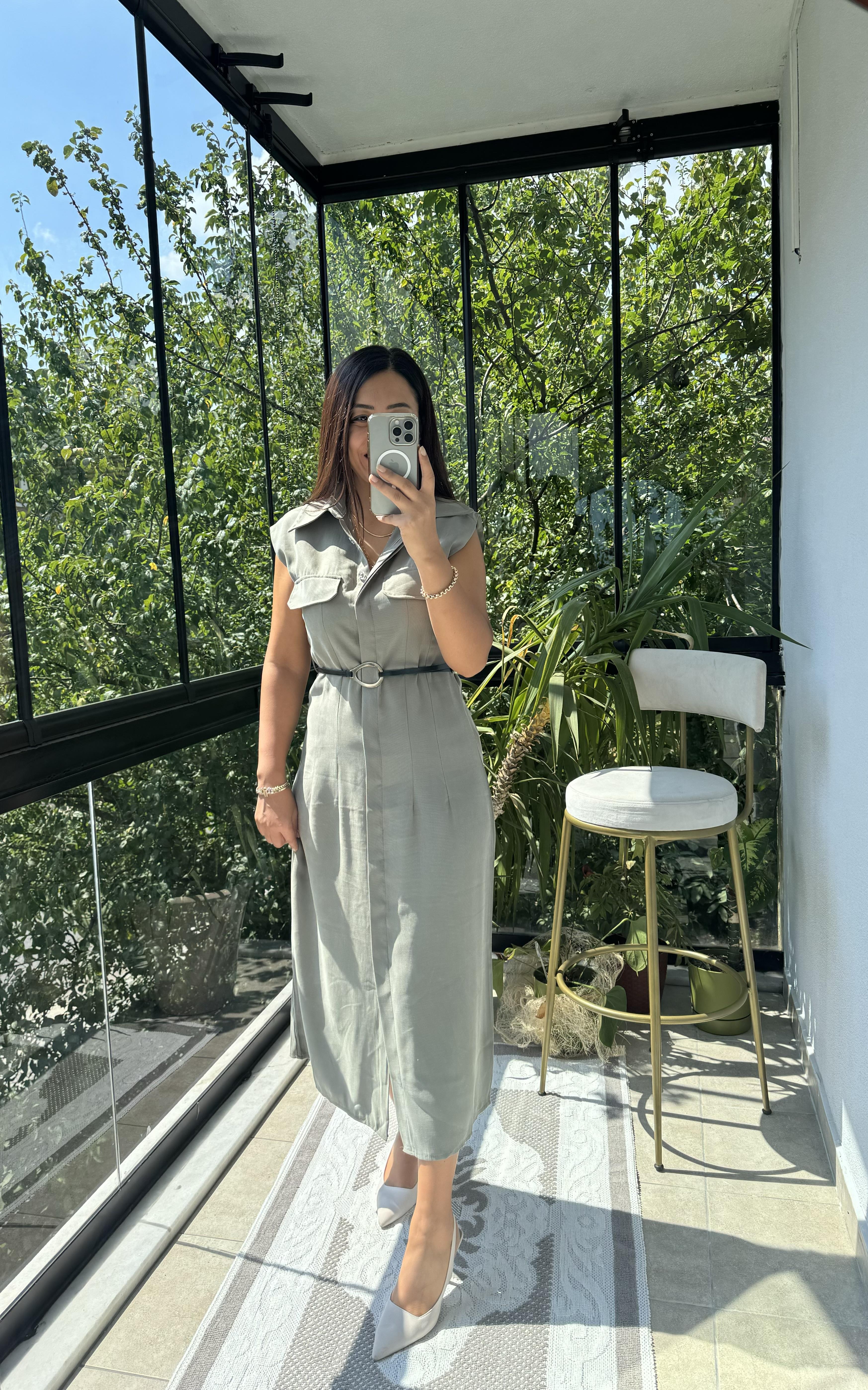 Gold Kemerli Elbise Haki Yeşili