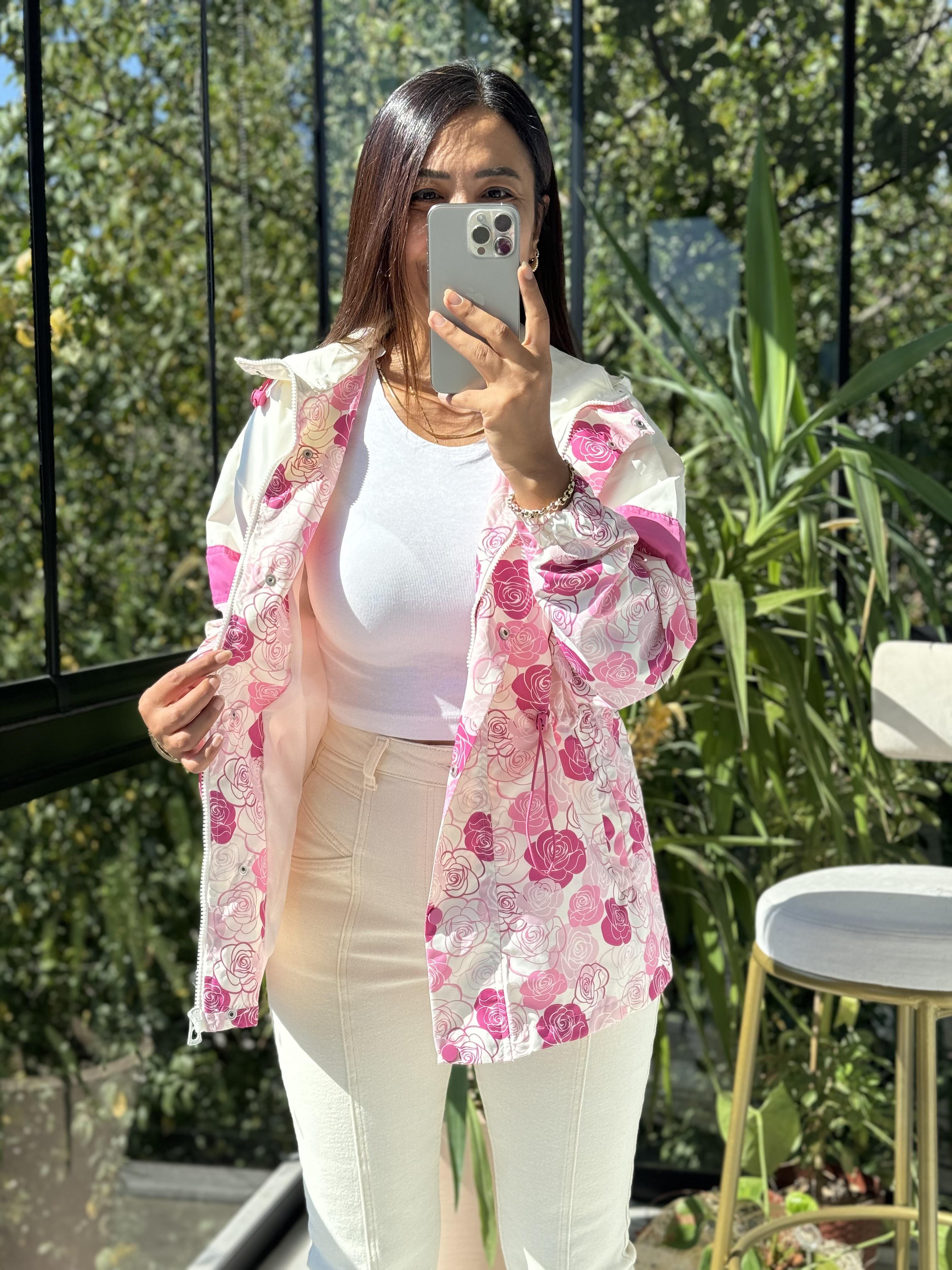 Gül Desen Yağmurluk Pembe