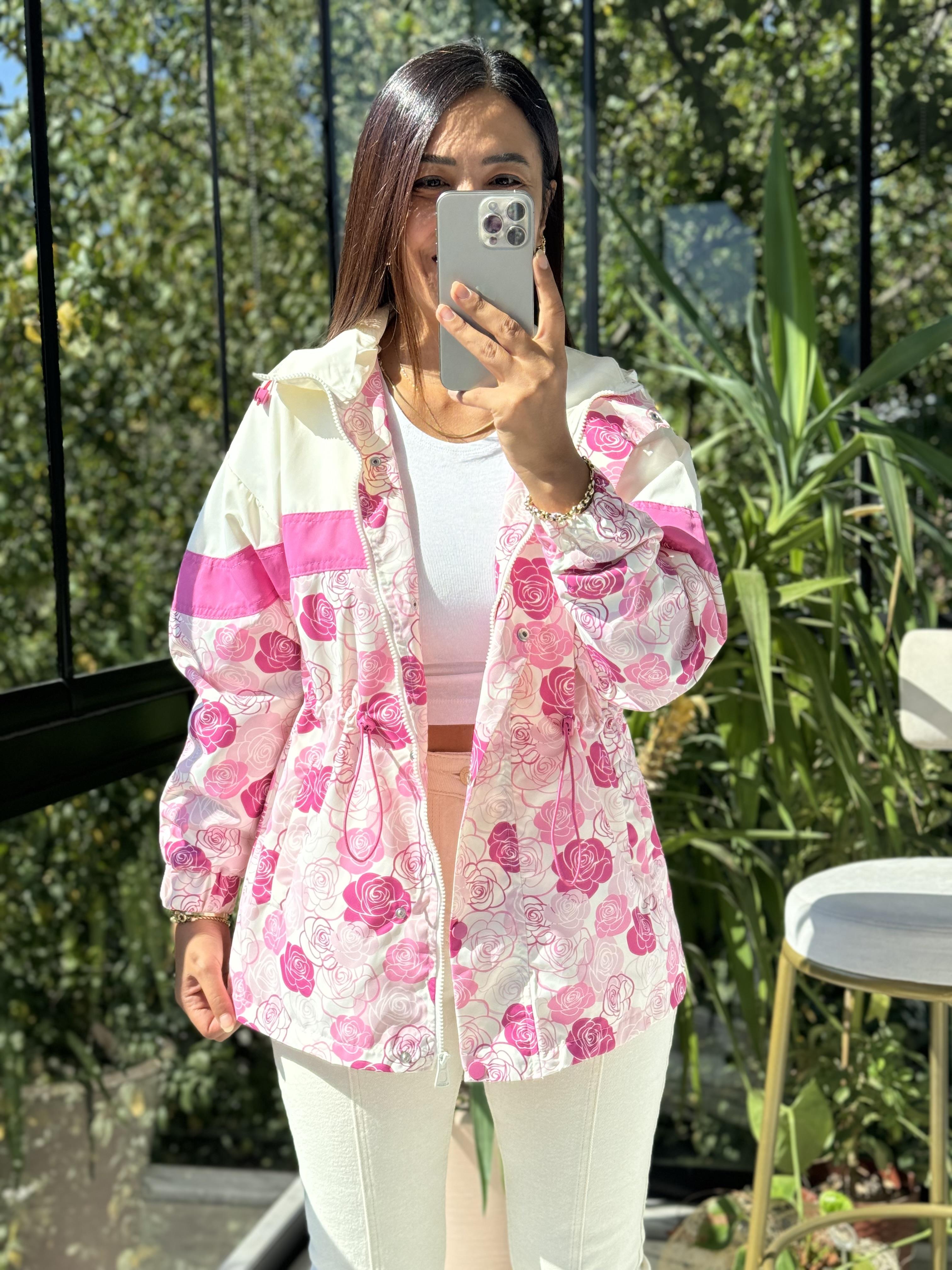 Gül Desen Yağmurluk Pembe