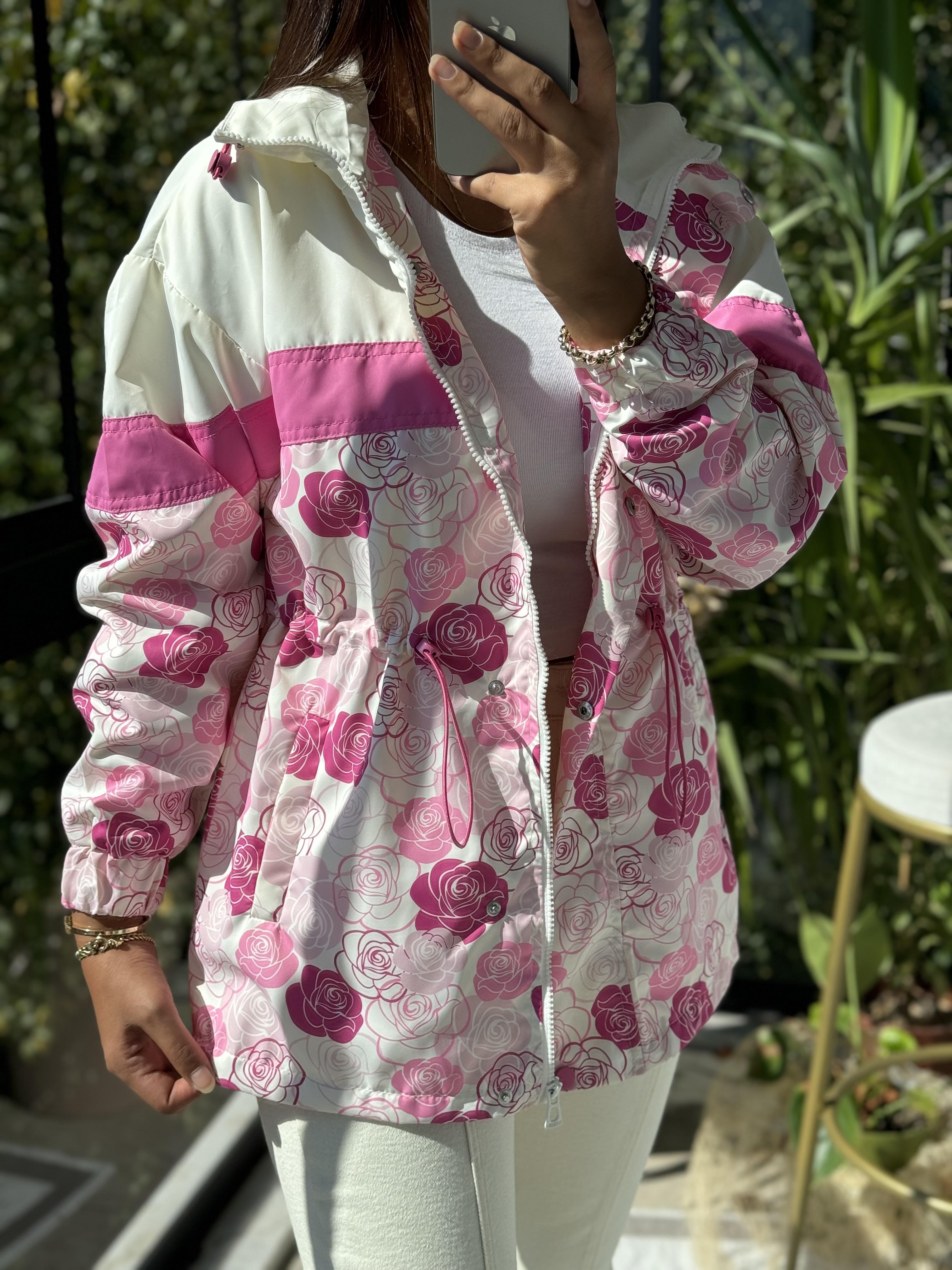 Gül Desen Yağmurluk Pembe