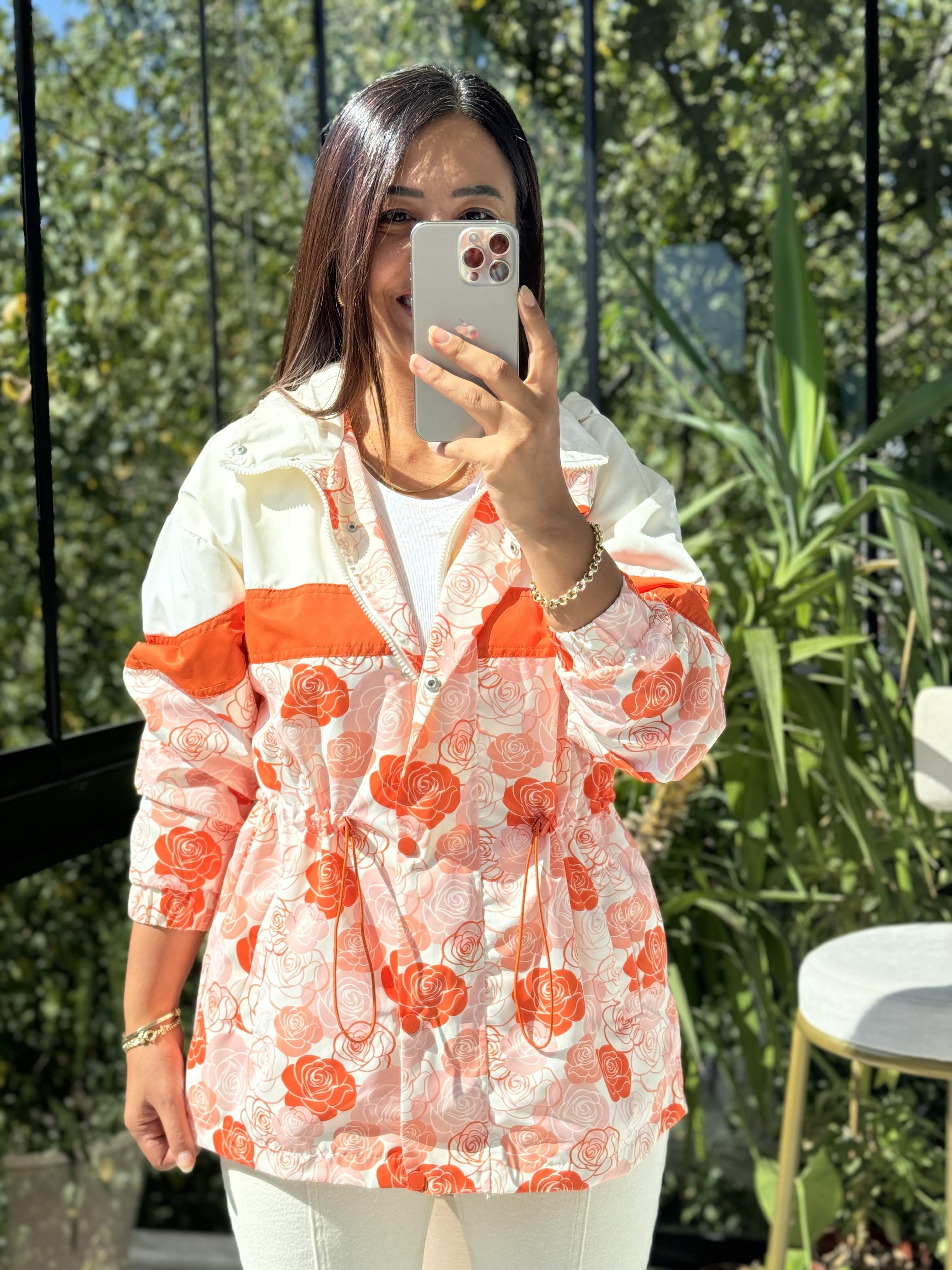 Gül Desen Yağmurluk Turuncu