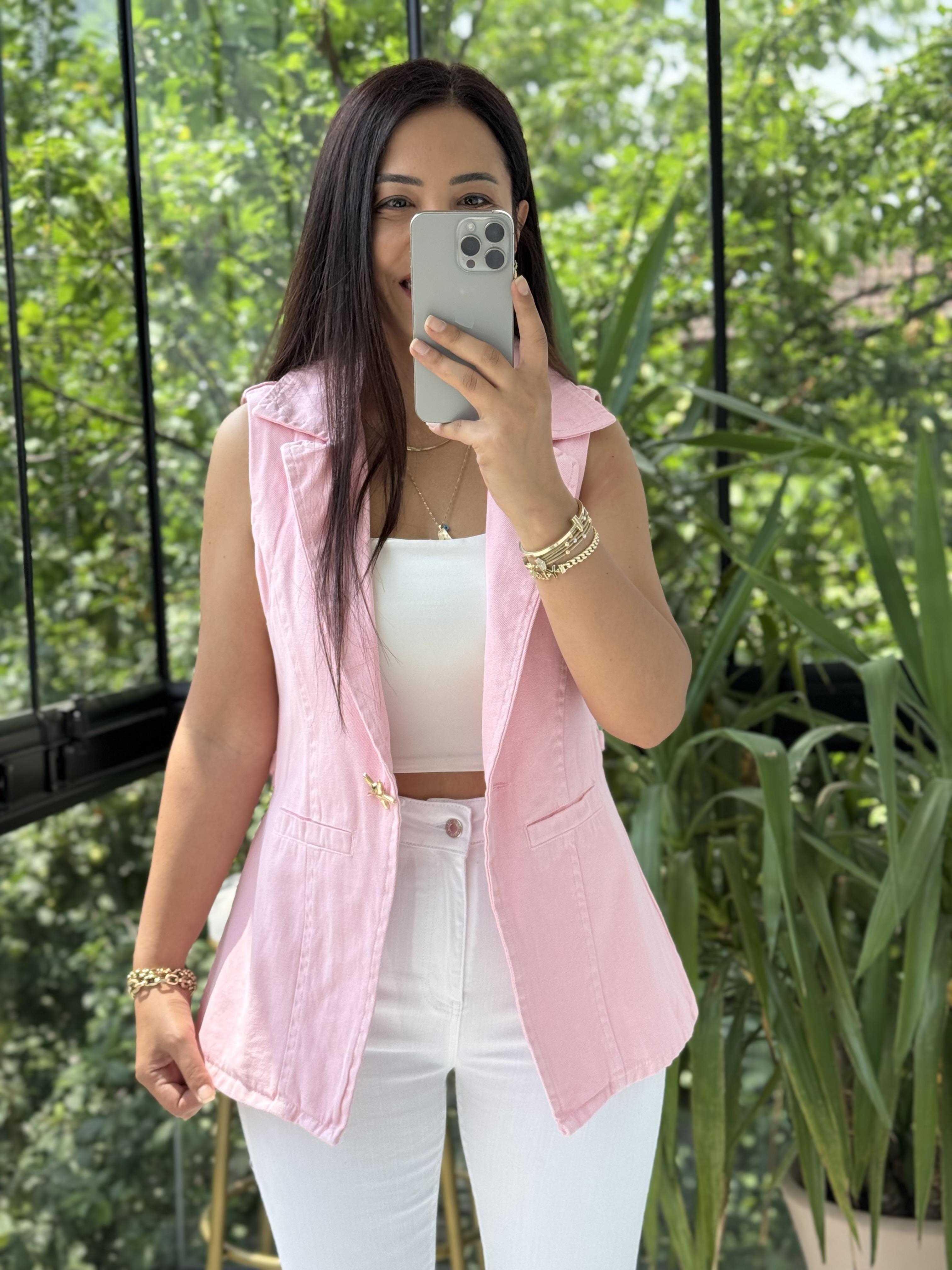 Güneş Düğmeli Gabardin Yelek Pembe