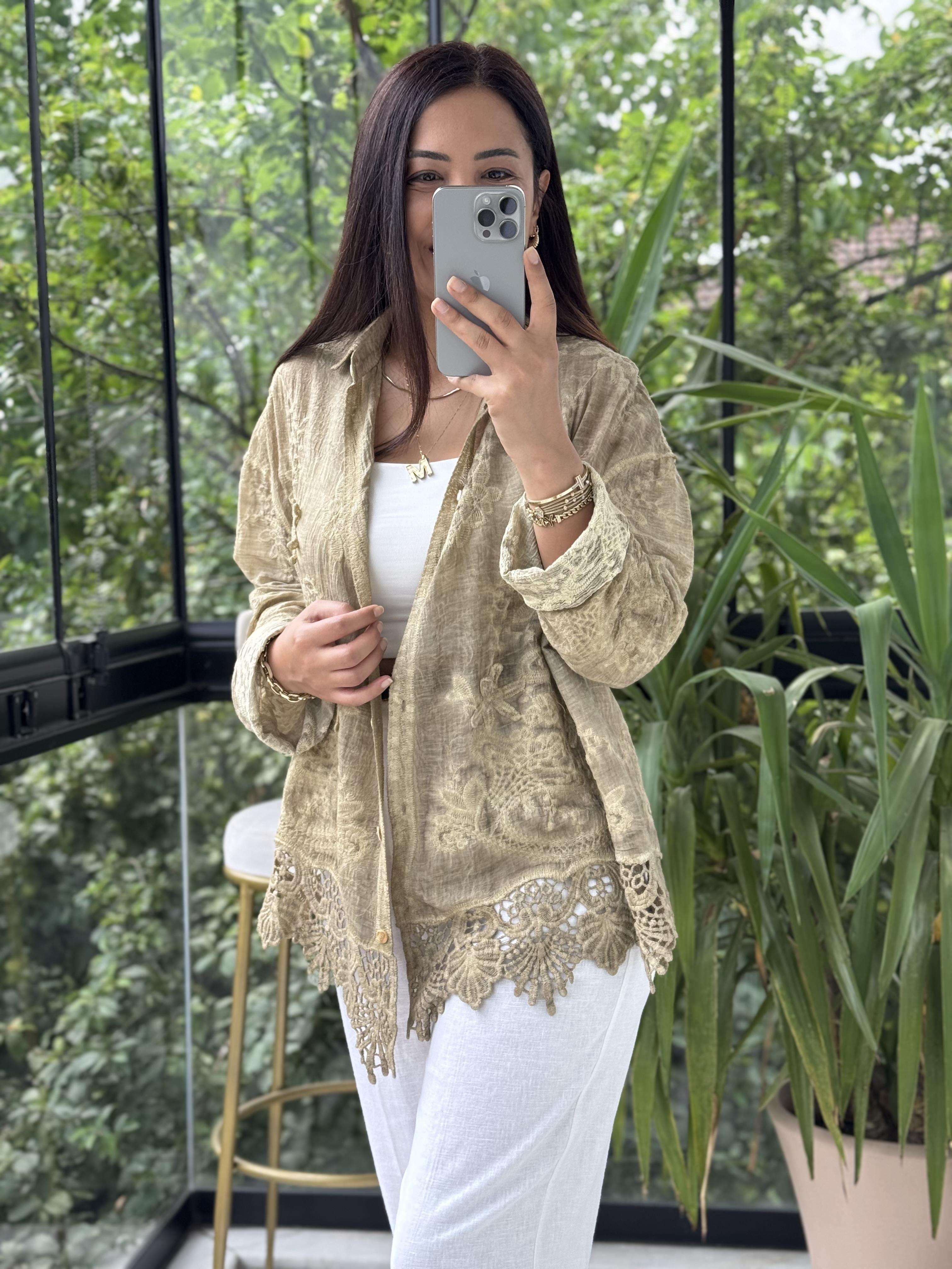 Güpür Detaylı Etnik Gömlek Vizon