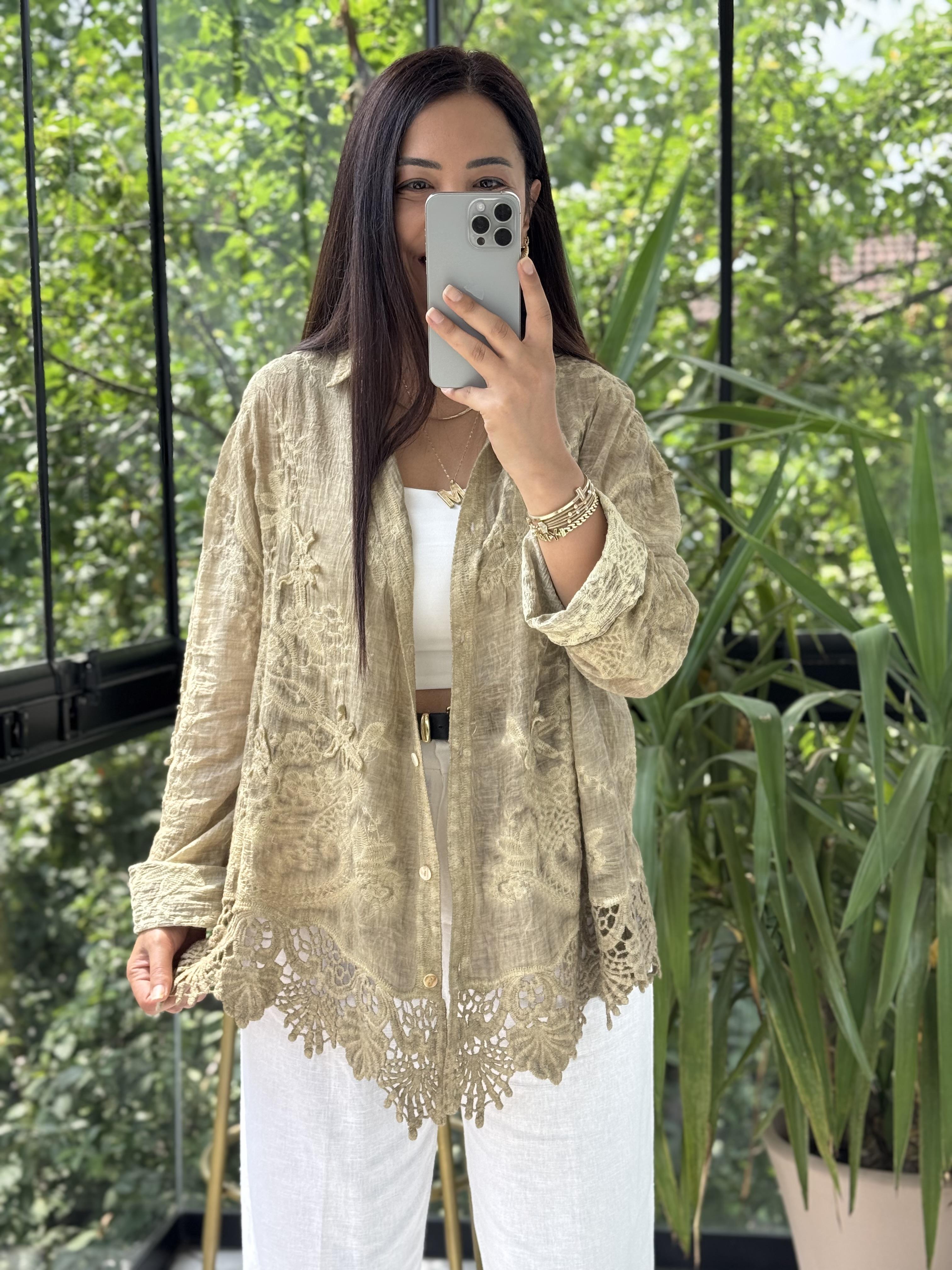 Güpür Detaylı Etnik Gömlek Vizon