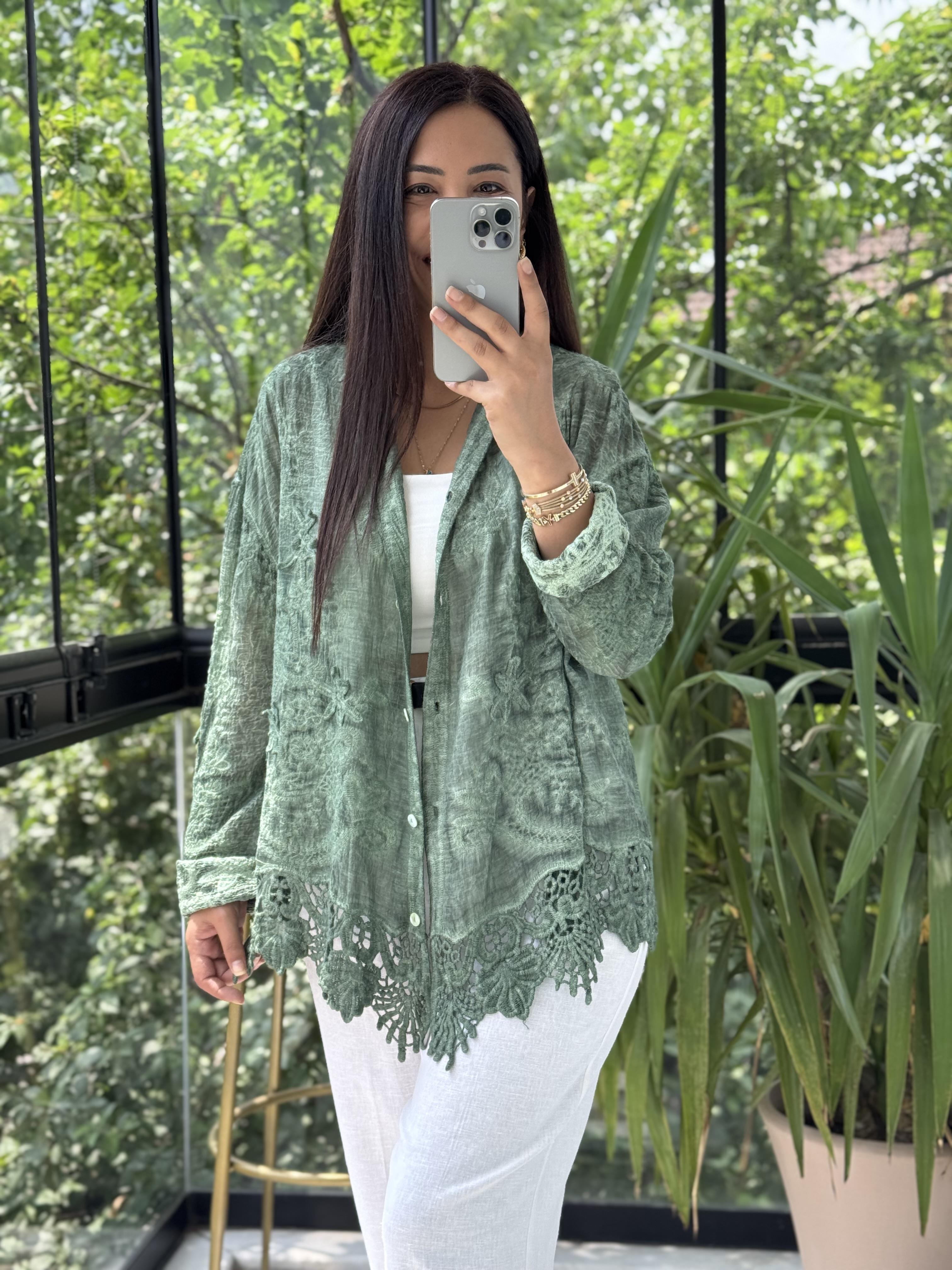 Güpür Detaylı Etnik Gömlek Yeşil