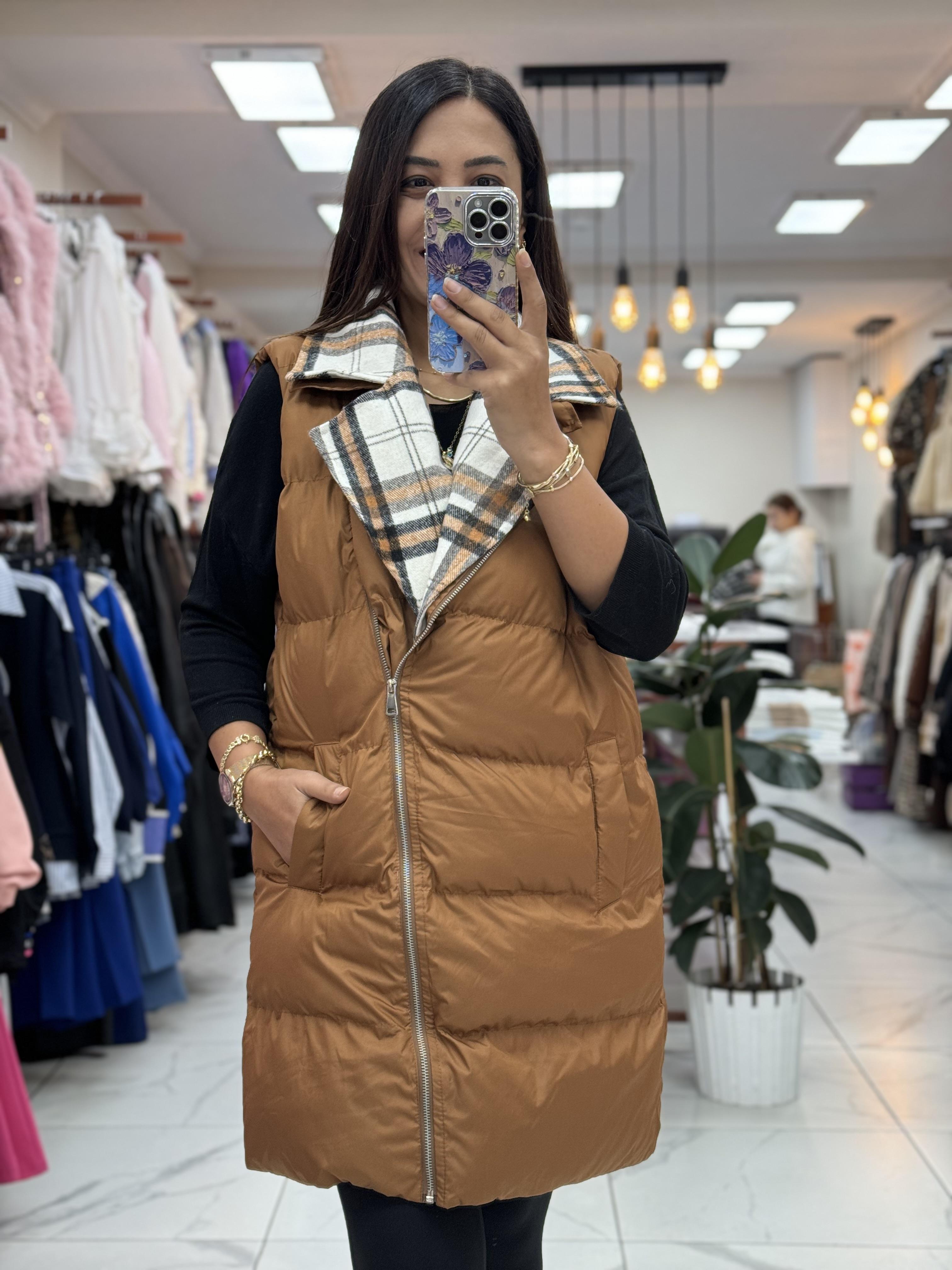 İçi Ekose Polar Yelek Kahve
