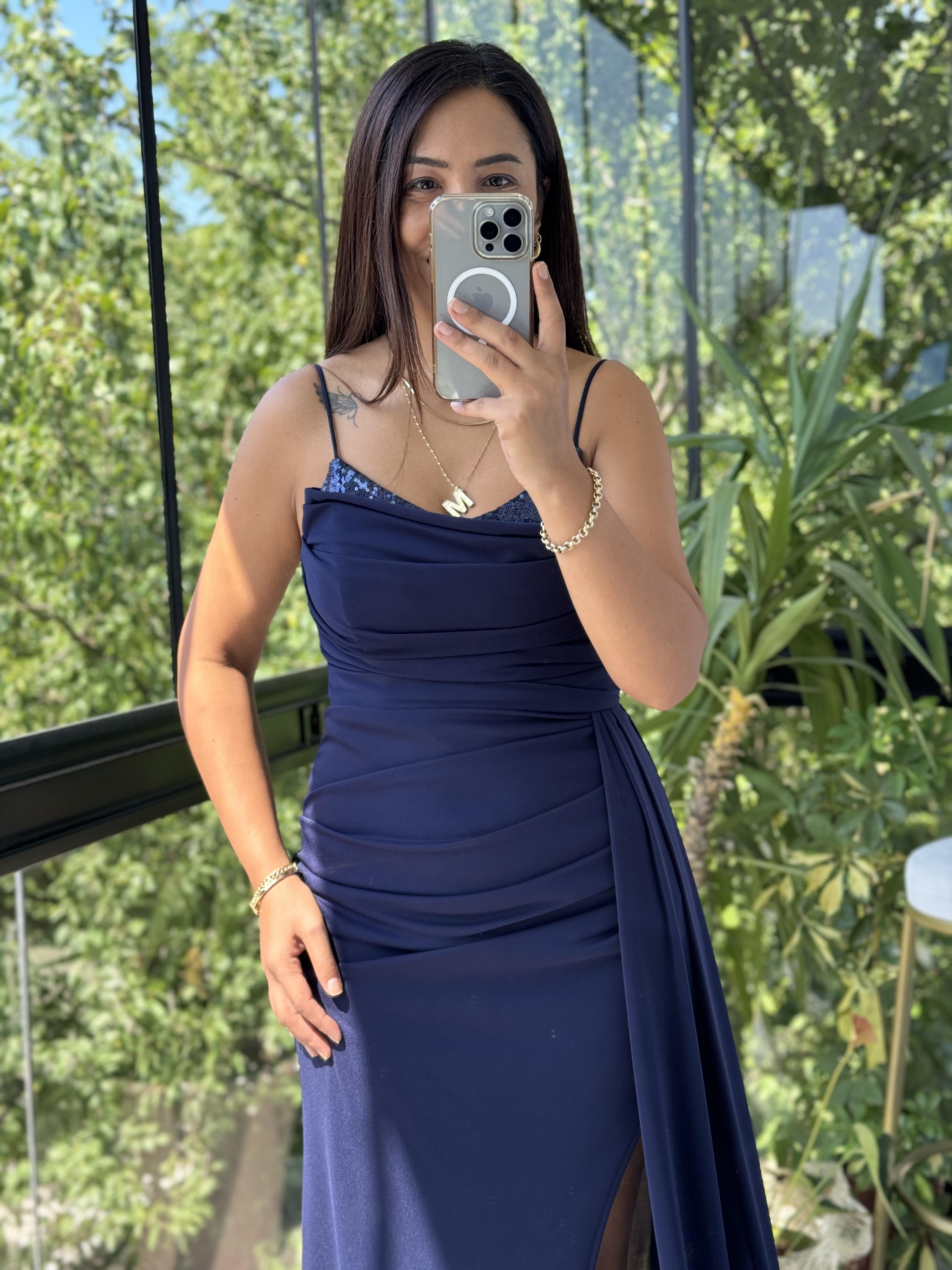 İçi Pullu Askılı Uzun Abiye Lacivert