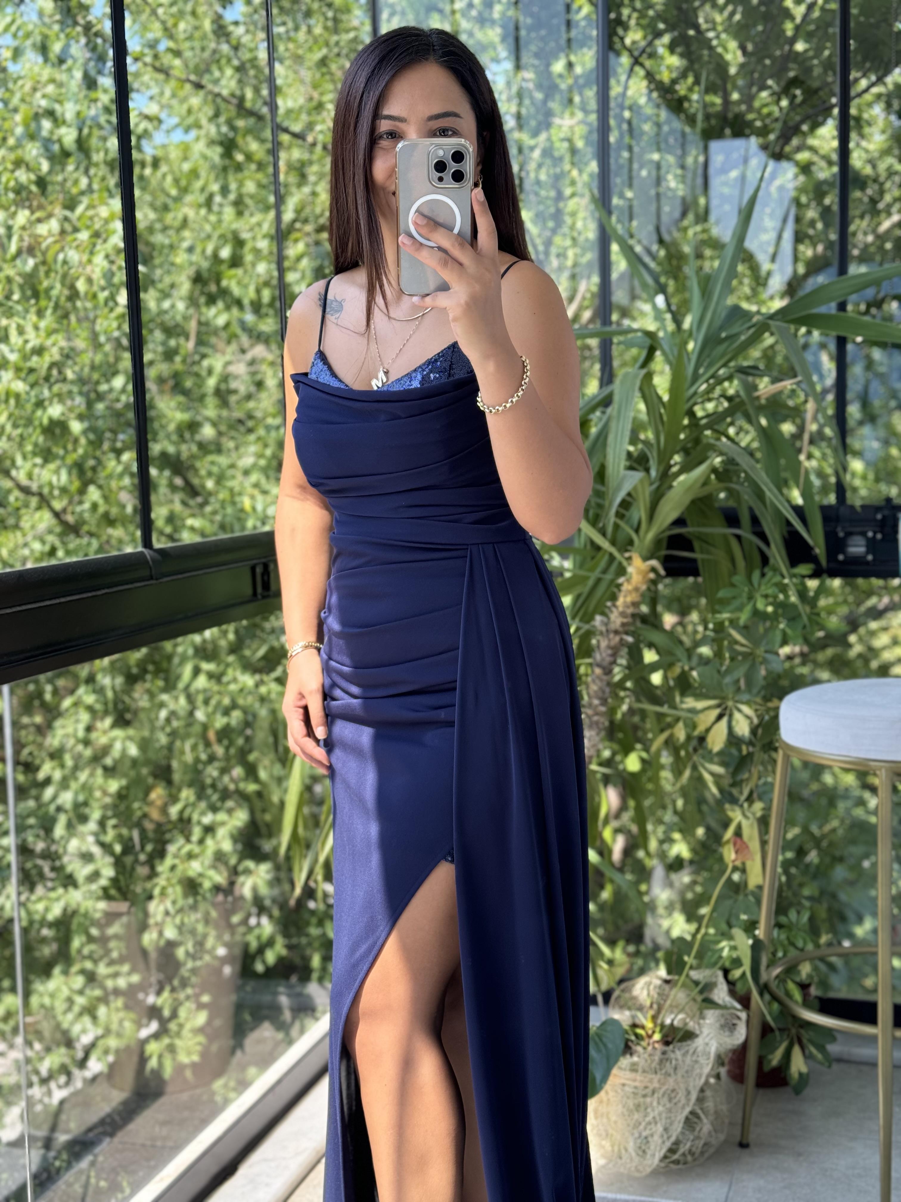 İçi Pullu Askılı Uzun Abiye Lacivert