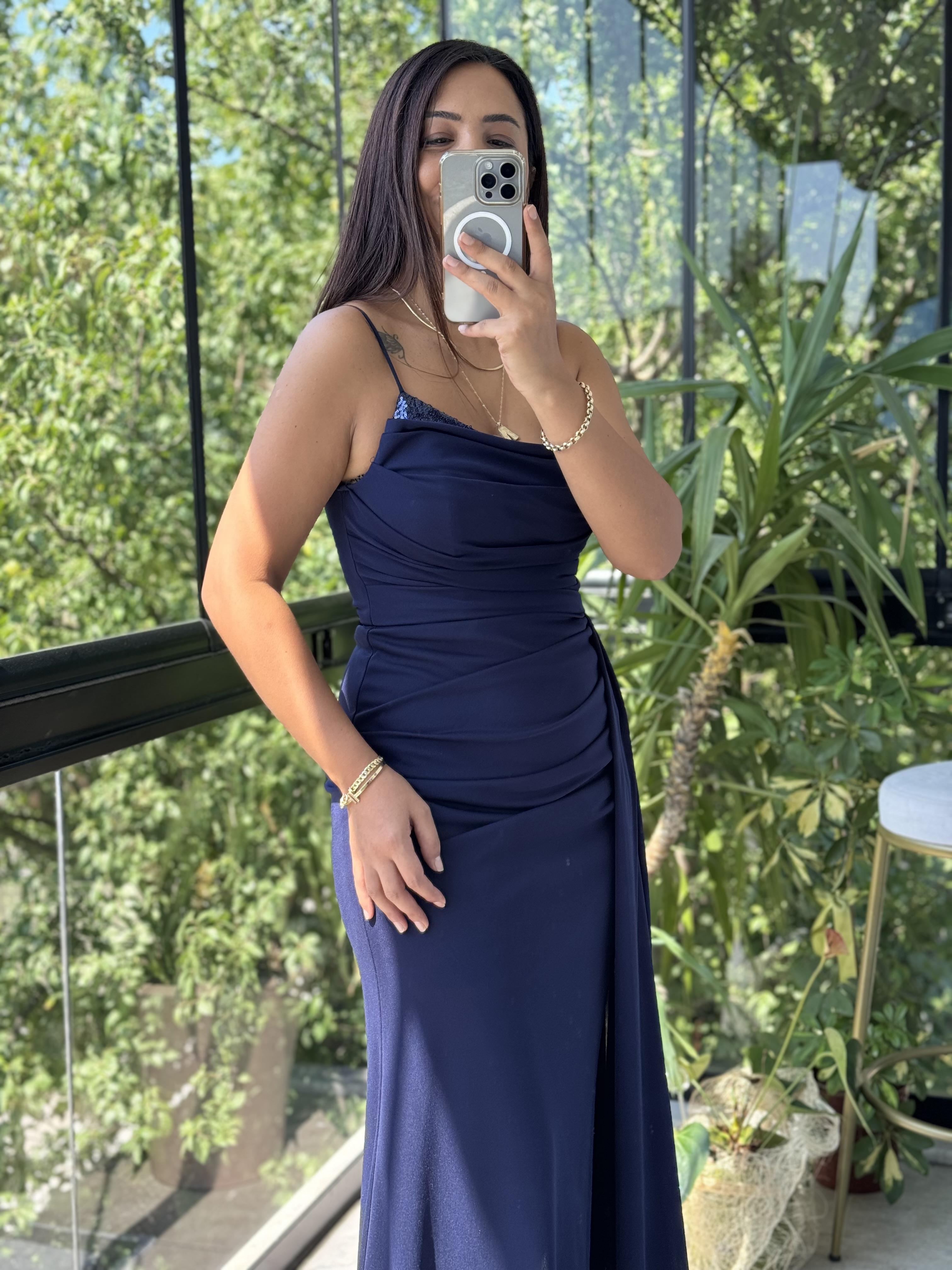 İçi Pullu Askılı Uzun Abiye Lacivert