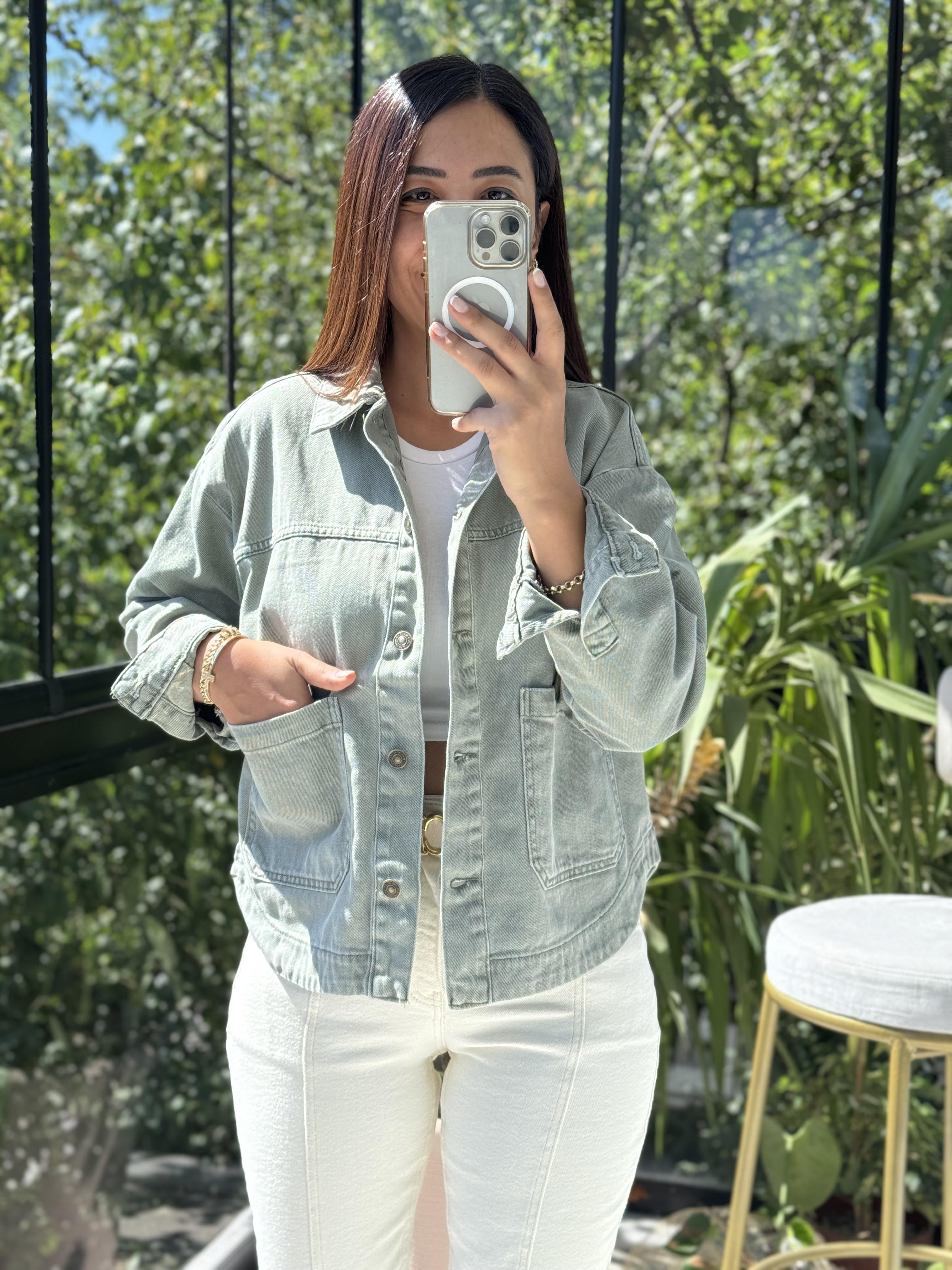 İki Cepli Denim Ceket Haki Yeşili