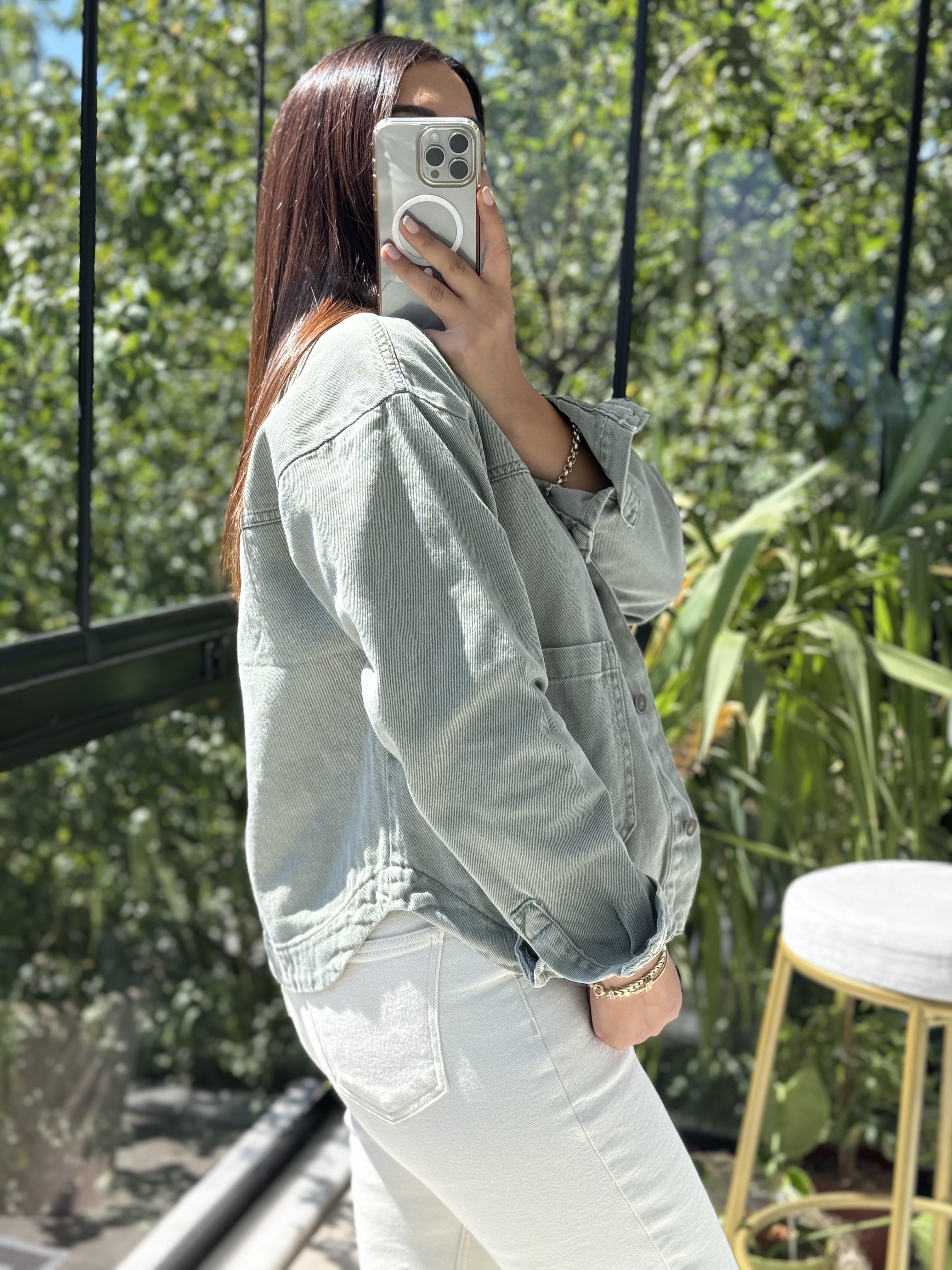 İki Cepli Denim Ceket Haki Yeşili