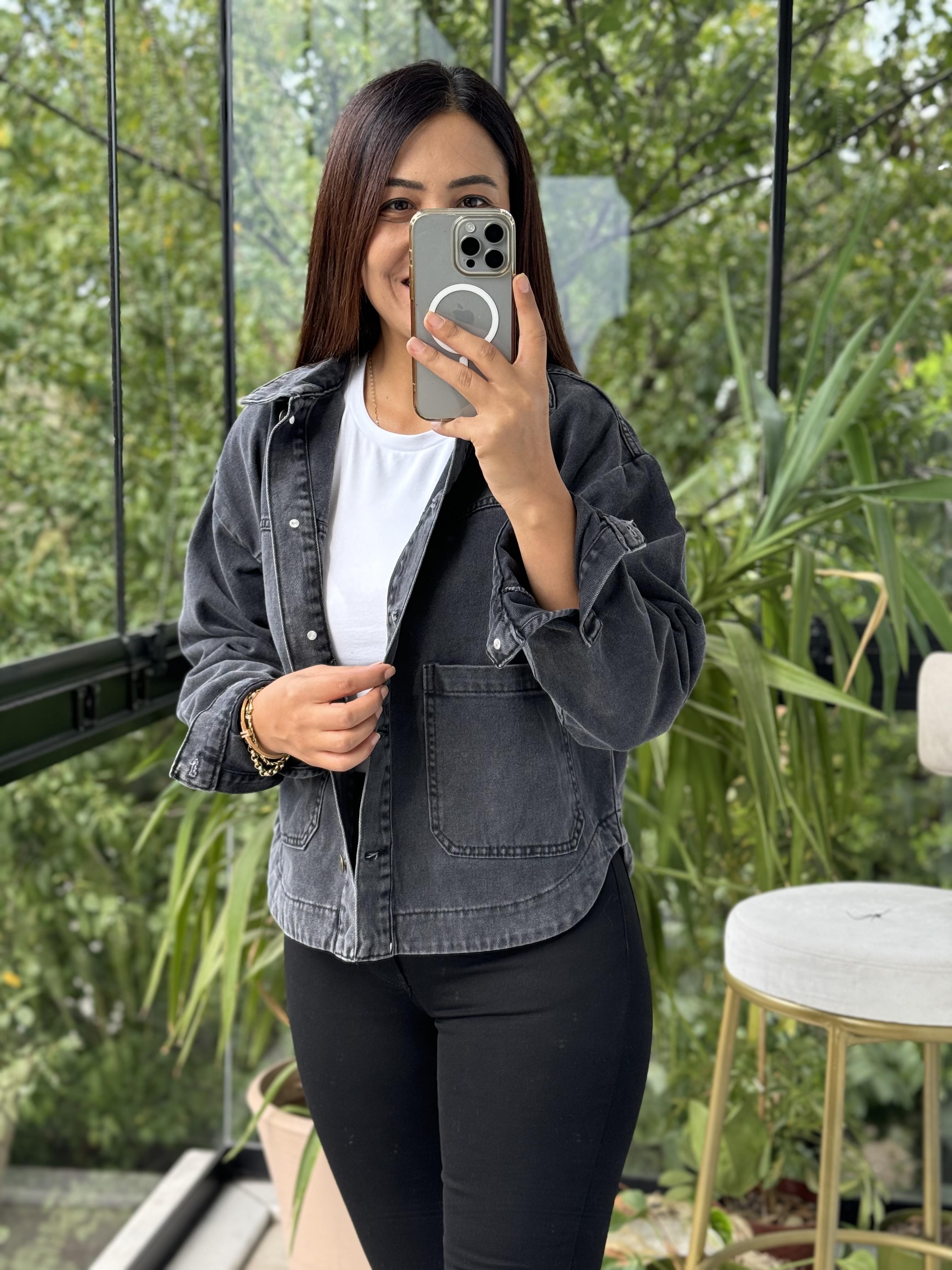 İki Cepli Denim Ceket Siyah