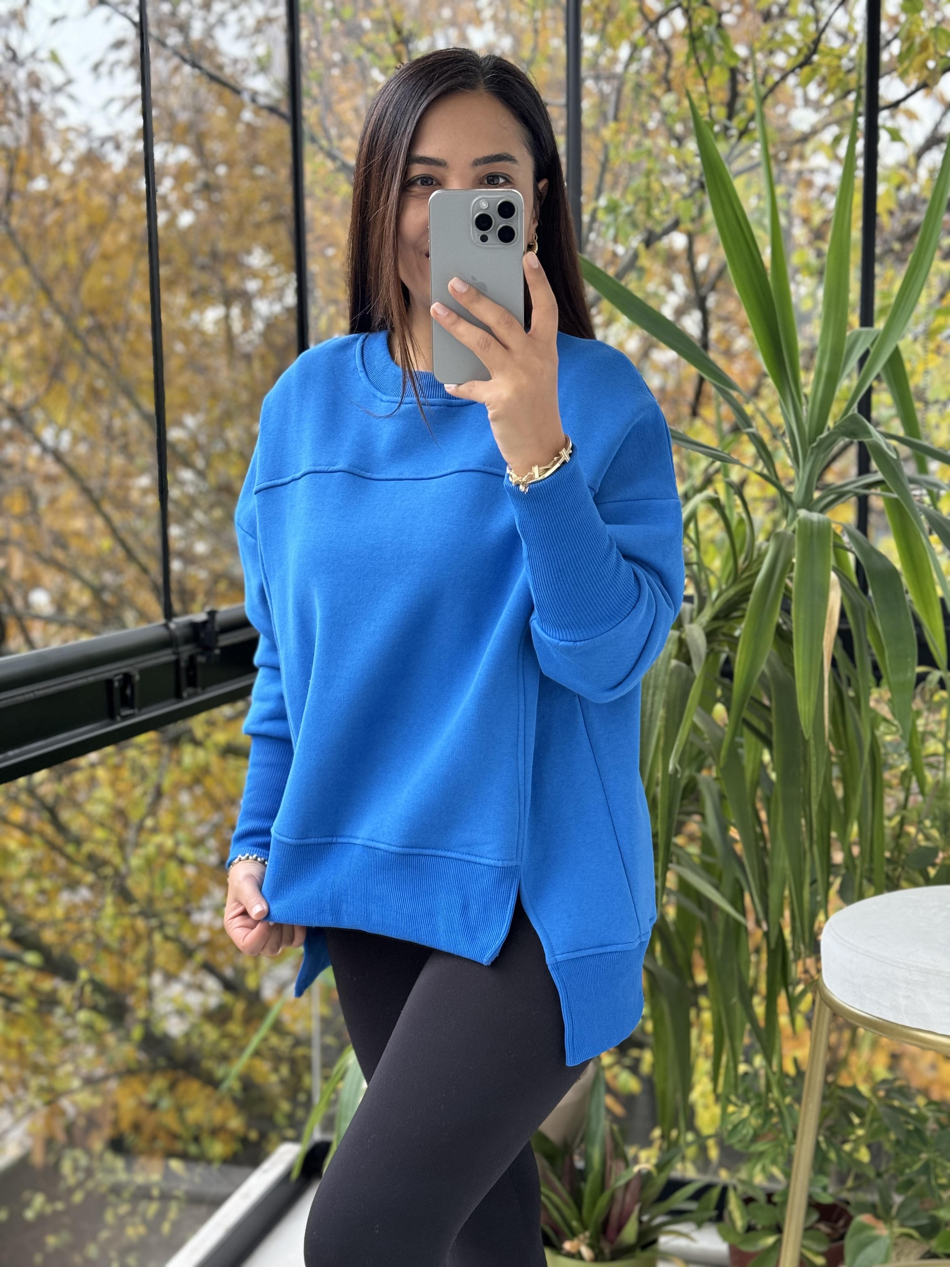 İki Önü Yırtmaçlı Sweatshirt Mavi
