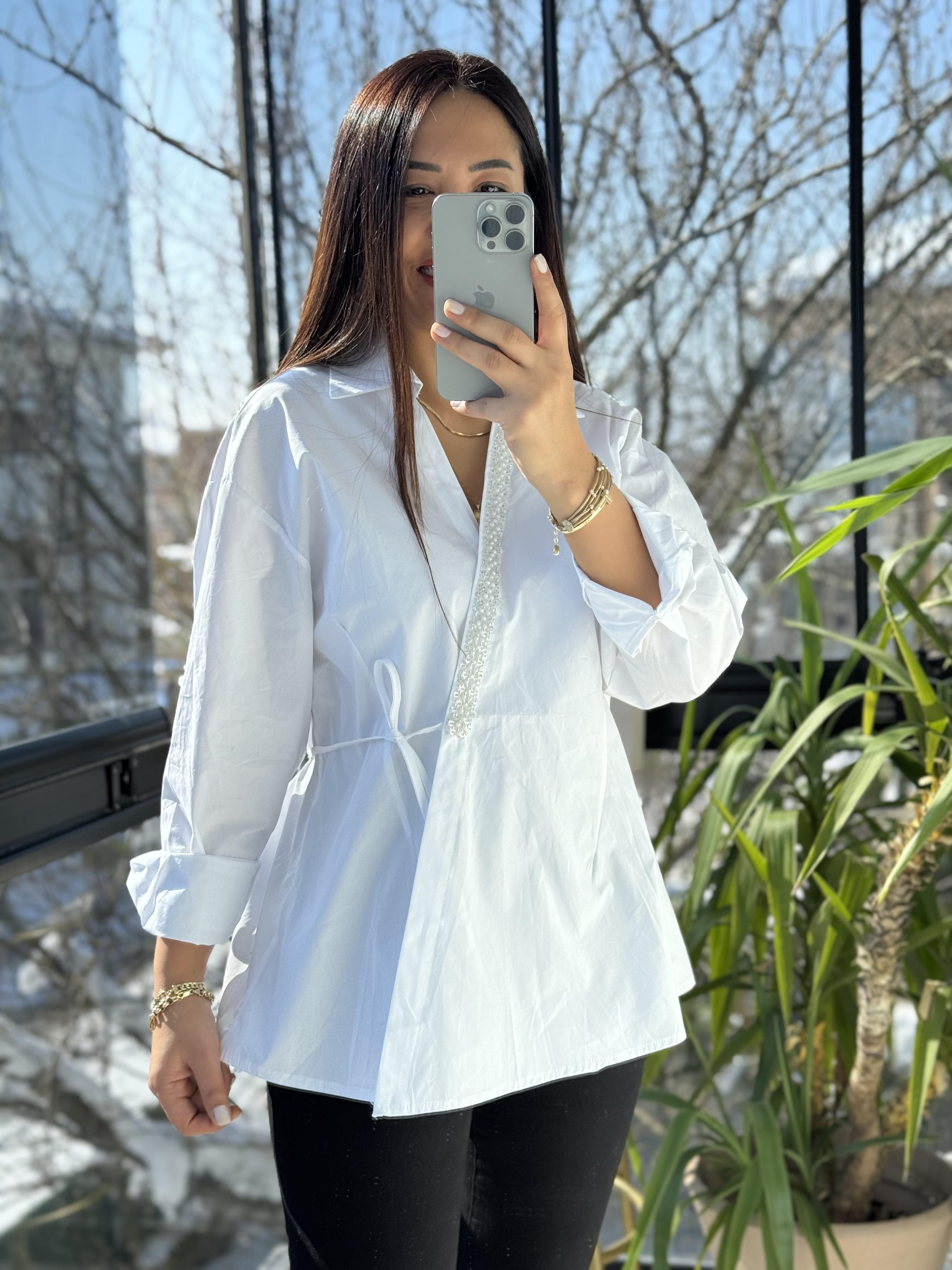 İnci Şeritli Taşlı Gömlek Beyaz