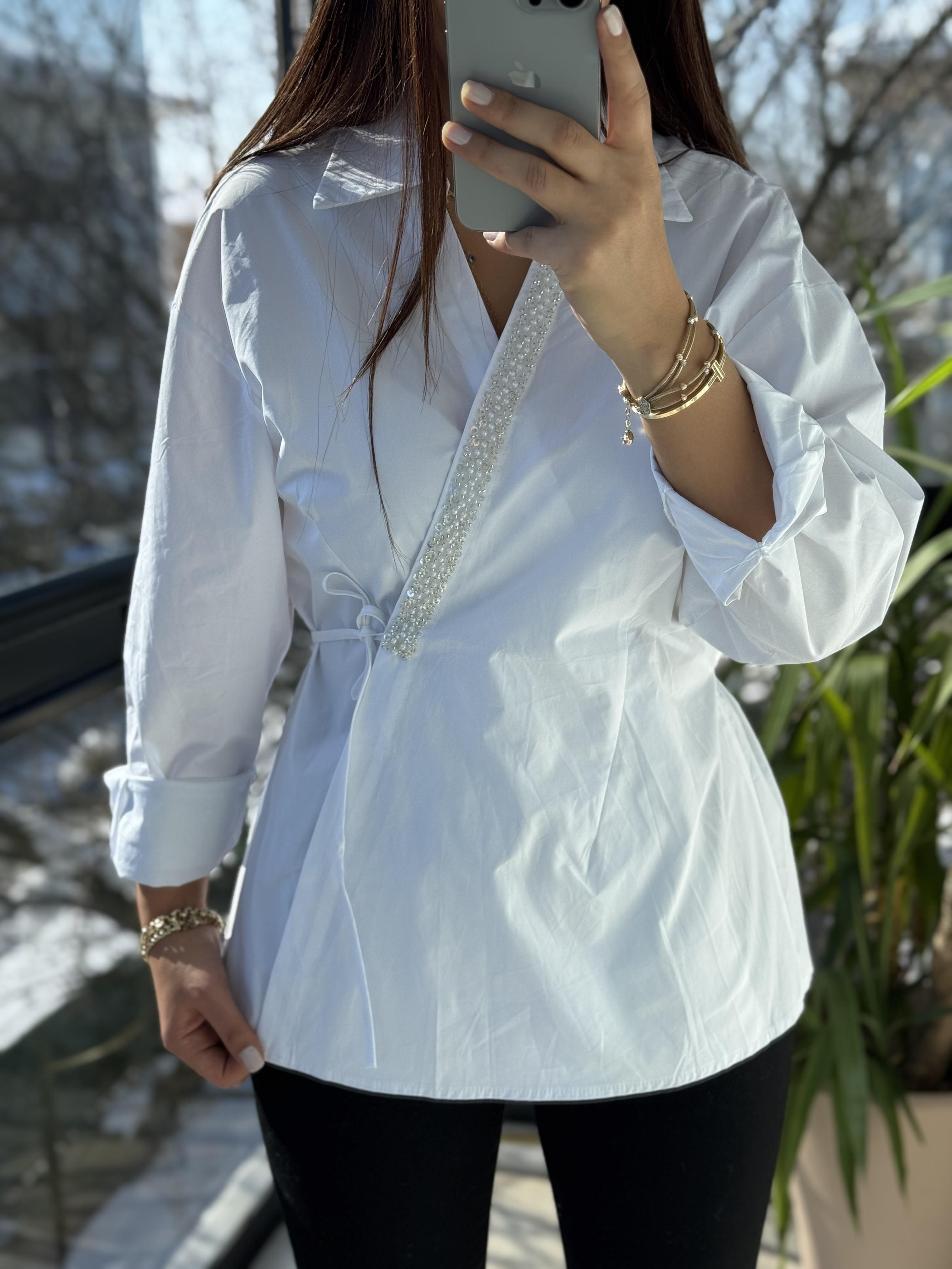 İnci Şeritli Taşlı Gömlek Beyaz