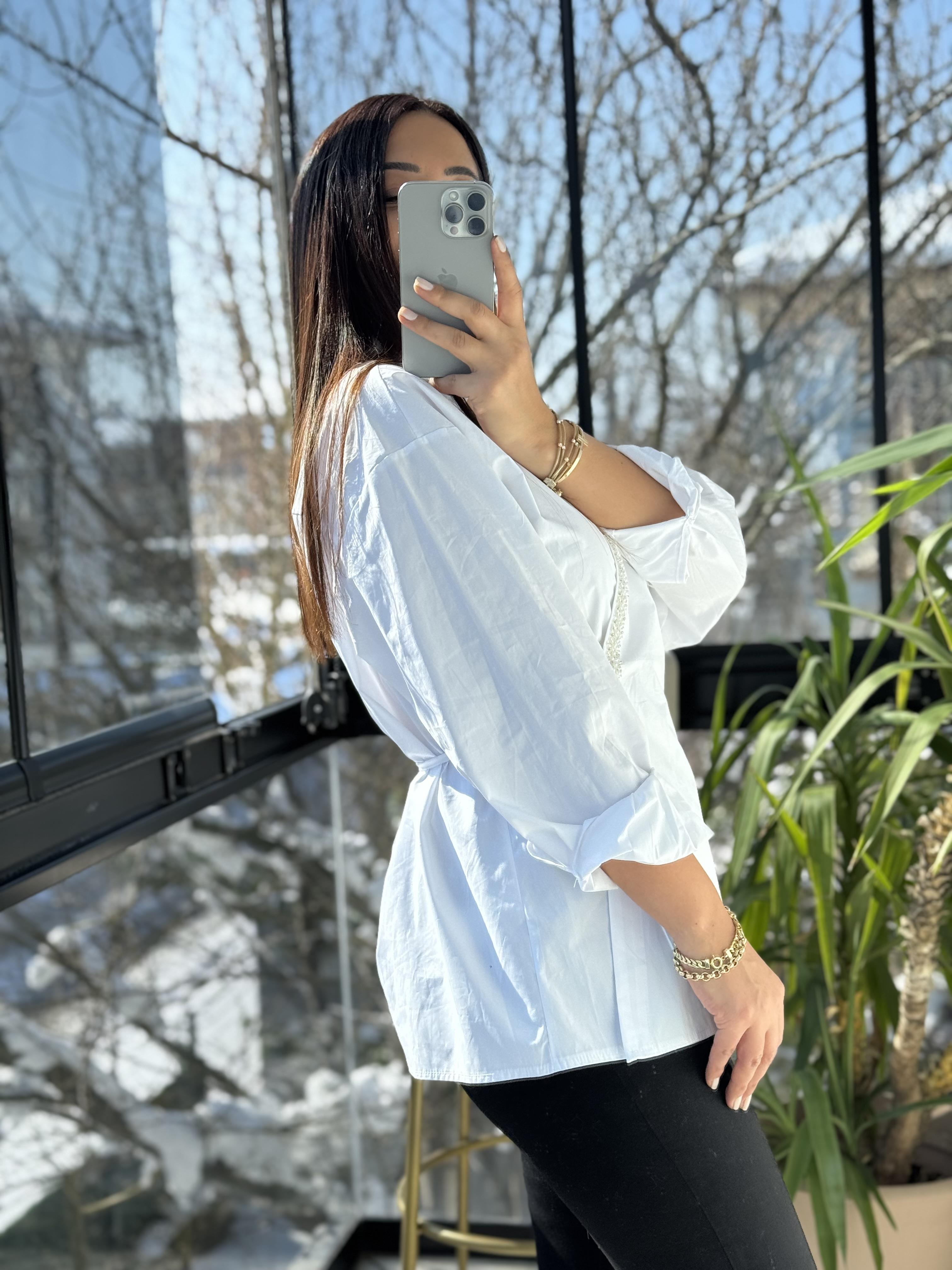 İnci Şeritli Taşlı Gömlek Beyaz