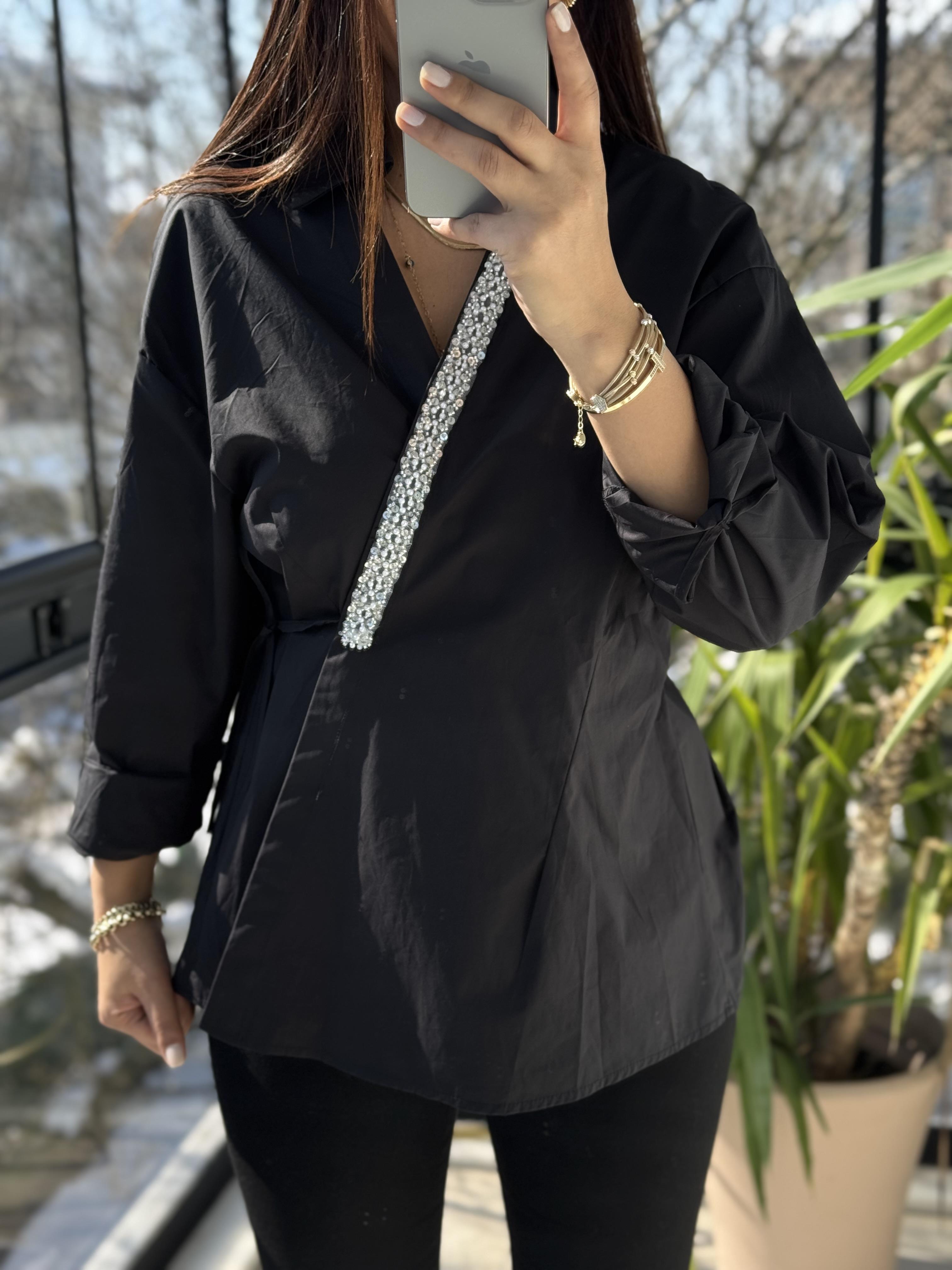 İnci Şeritli Taşlı Gömlek Siyah