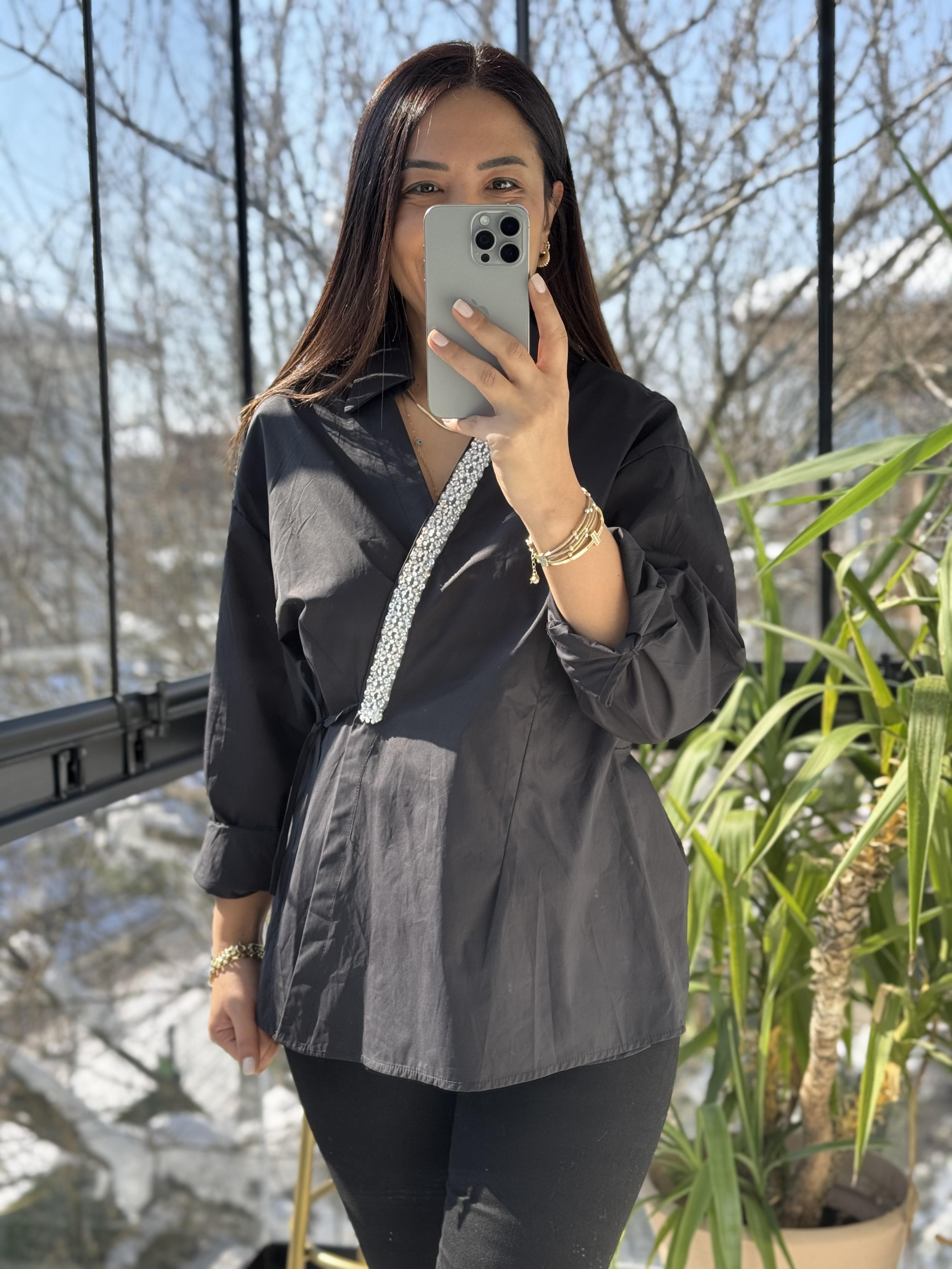 İnci Şeritli Taşlı Gömlek Siyah