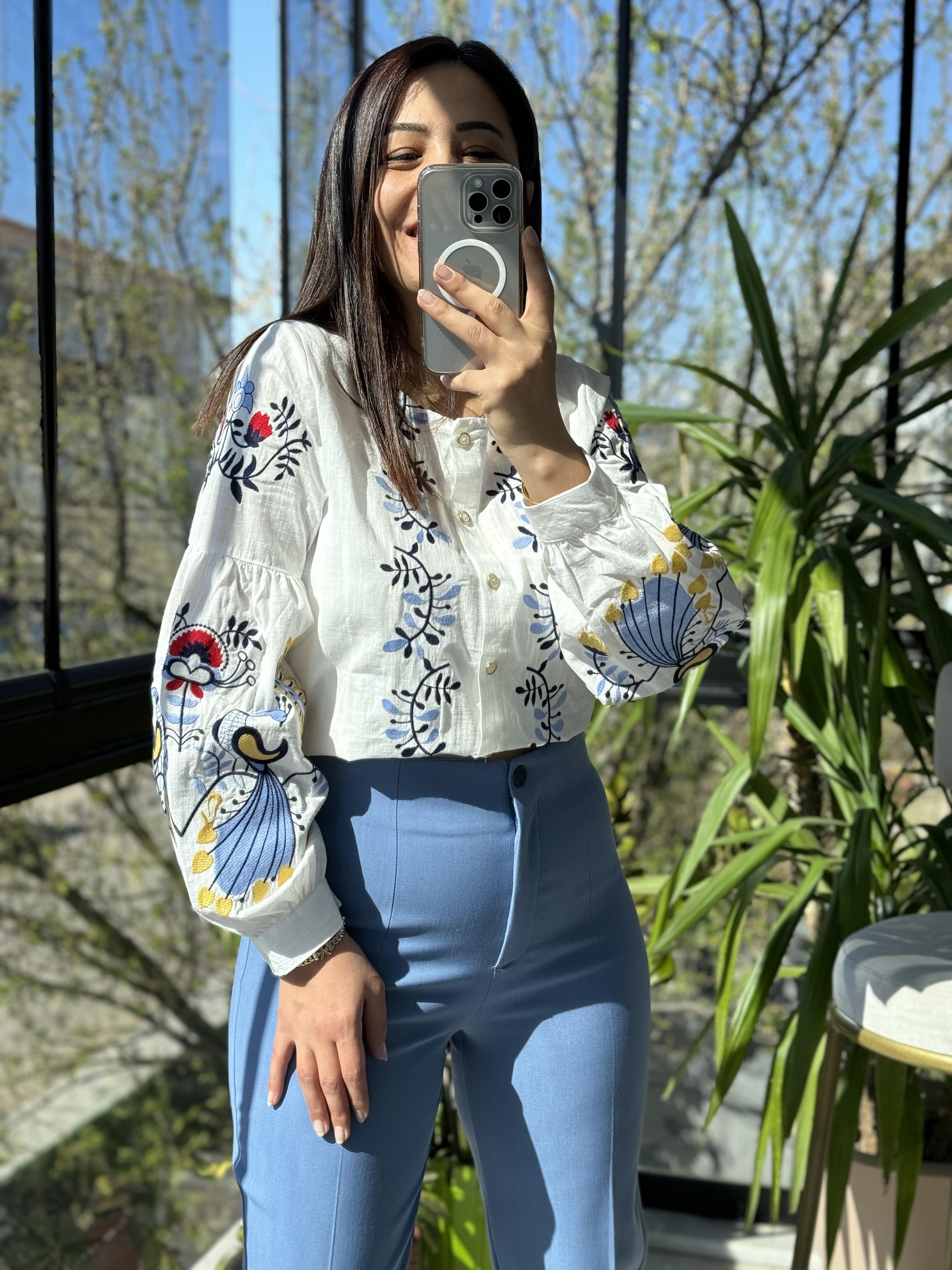 İşlemeli Nakışlı Gömlek Bebe Mavi