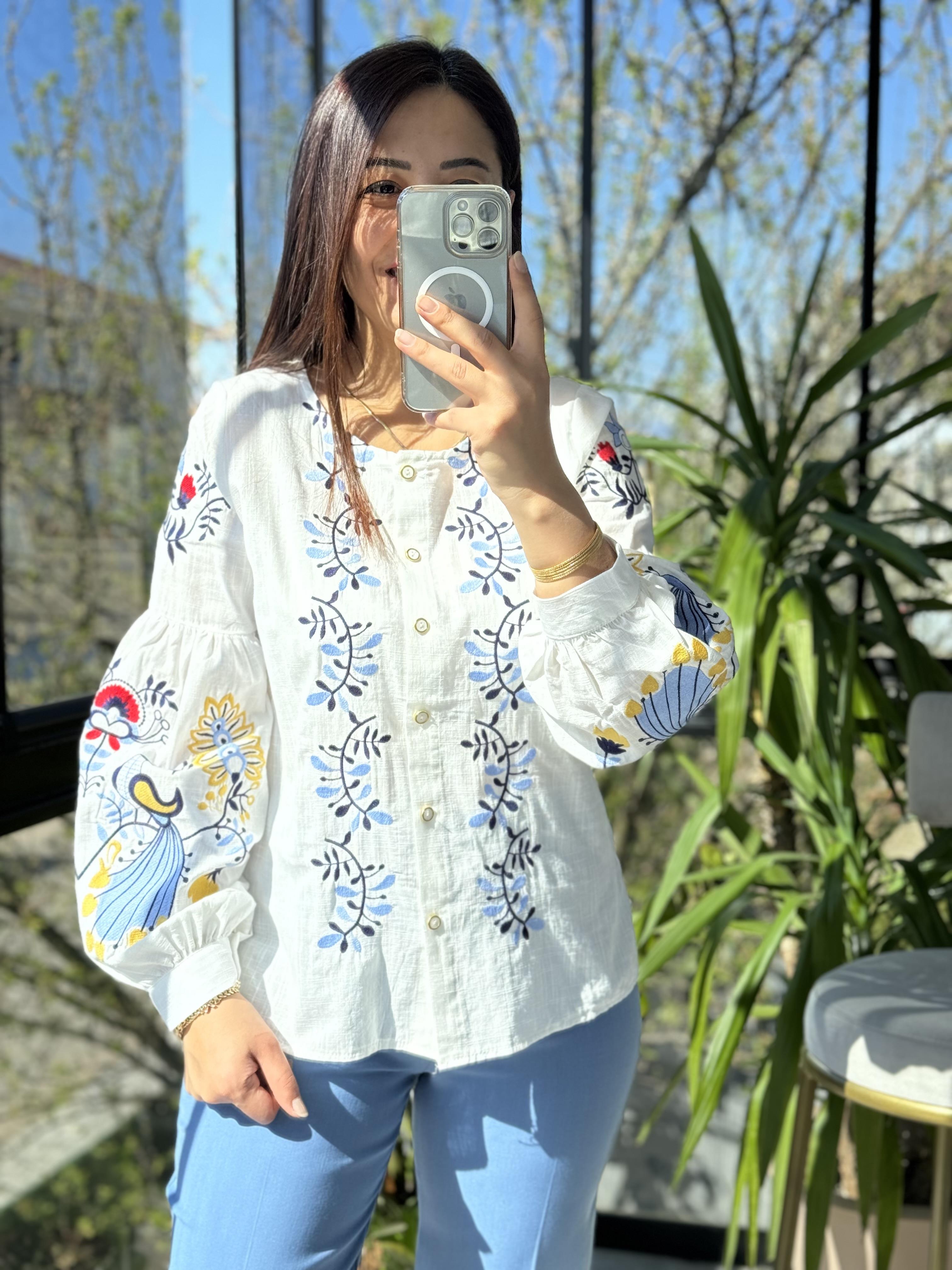 İşlemeli Nakışlı Gömlek Bebe Mavi