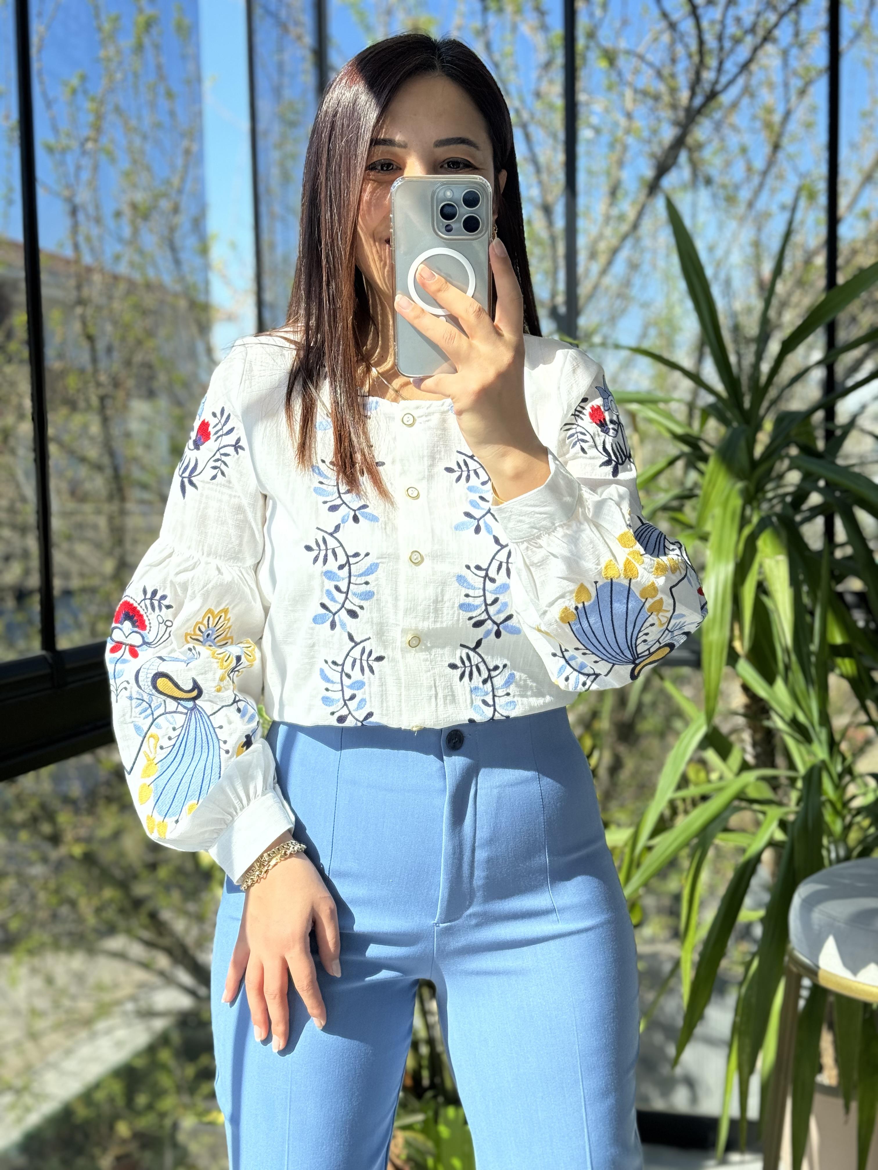 İşlemeli Nakışlı Gömlek Bebe Mavi