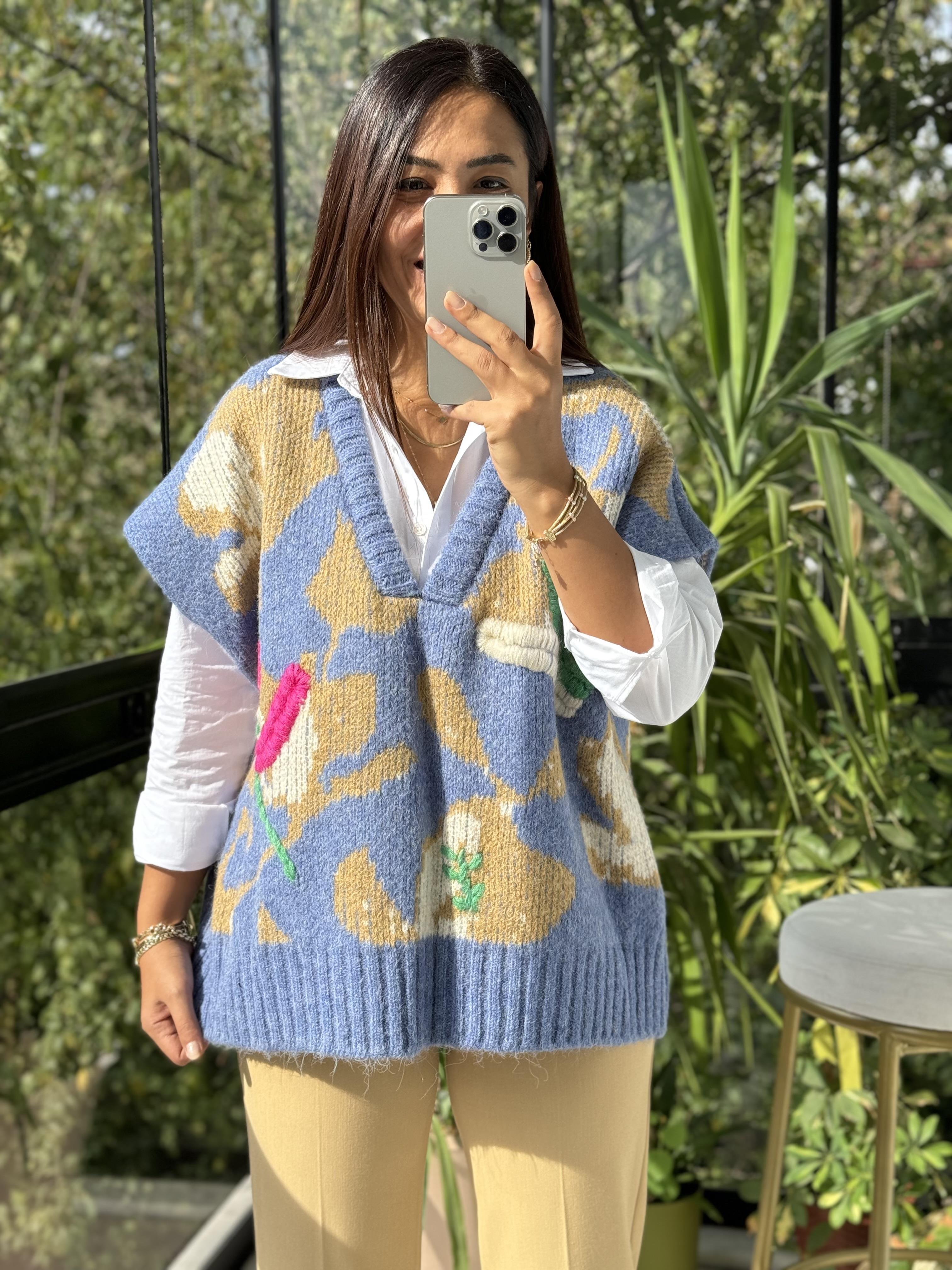 İşlemeli Tasarım Süveter Mavi