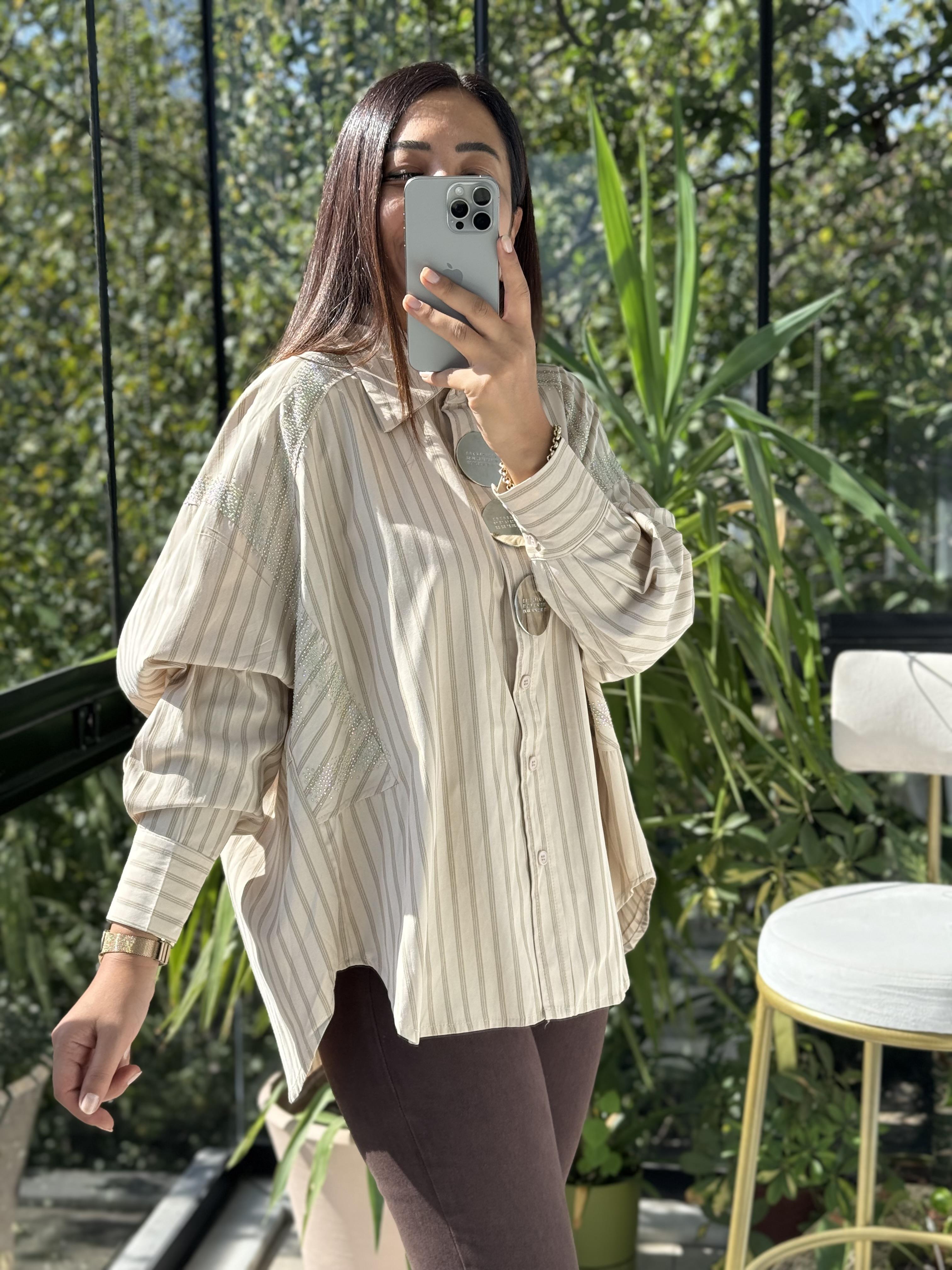 İthal Çizgili Broşlu Gömlek Bej