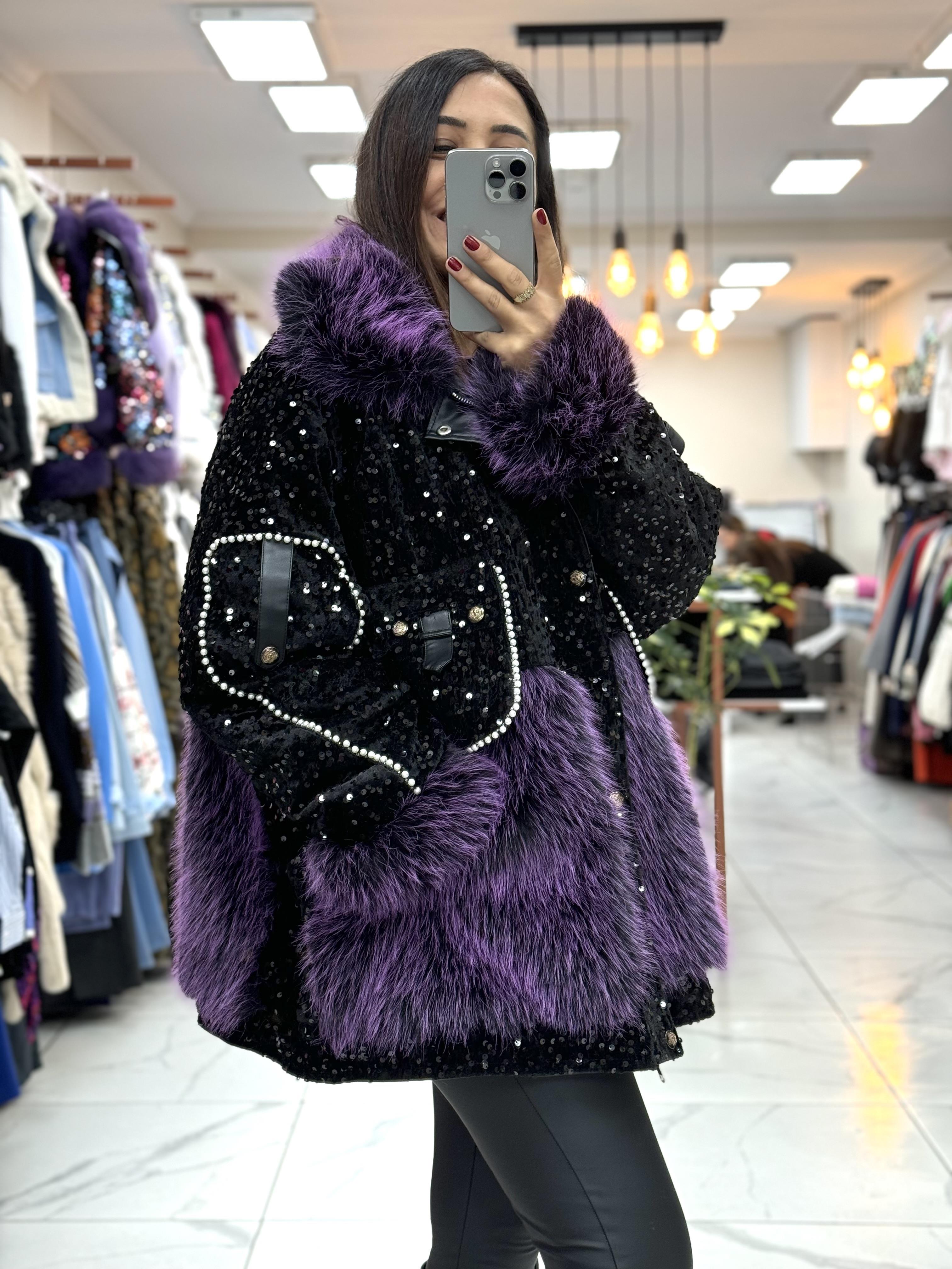 İthal İncili Cepli Kürklü Mont Mor