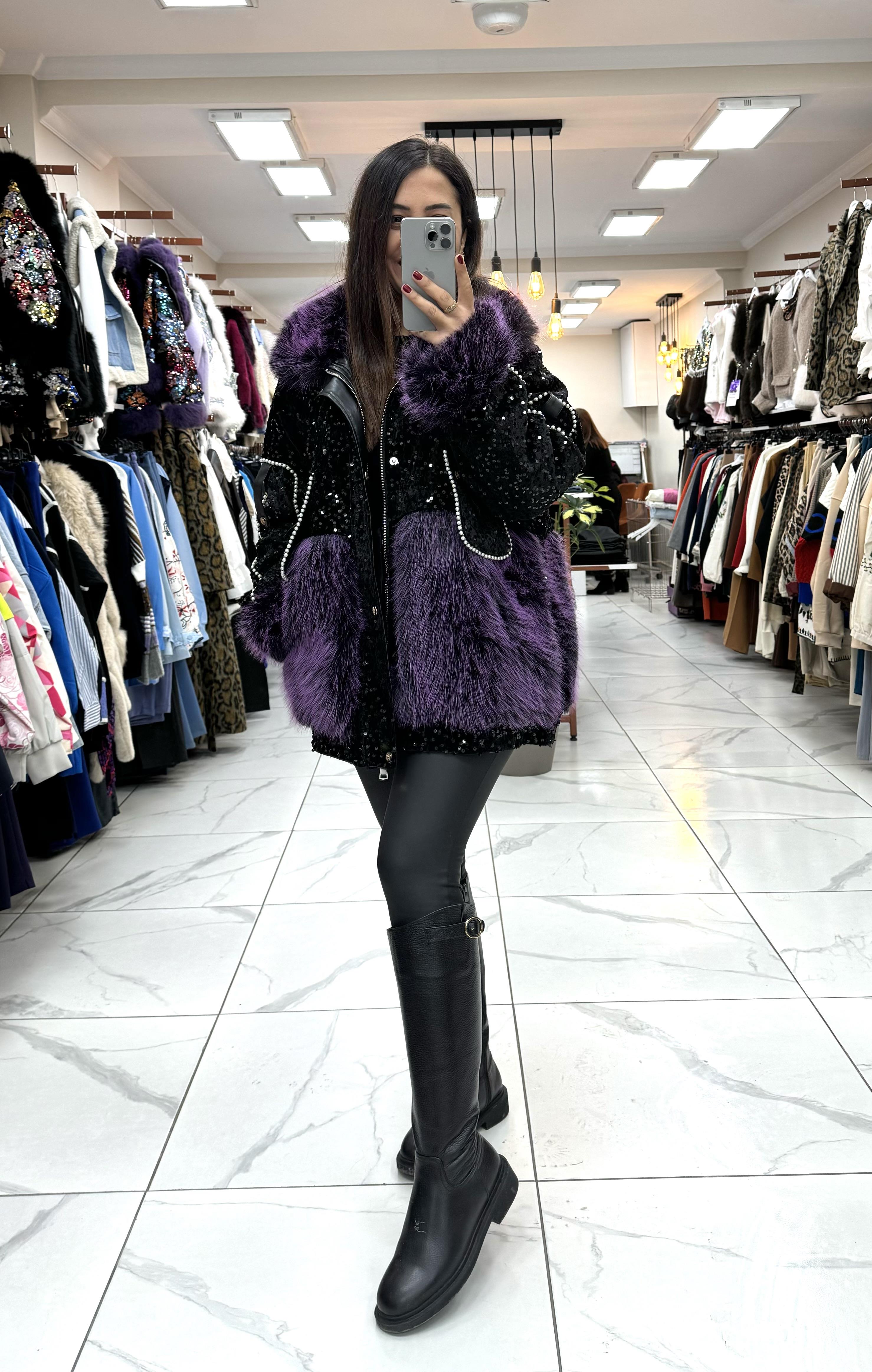 İthal İncili Cepli Kürklü Mont Mor