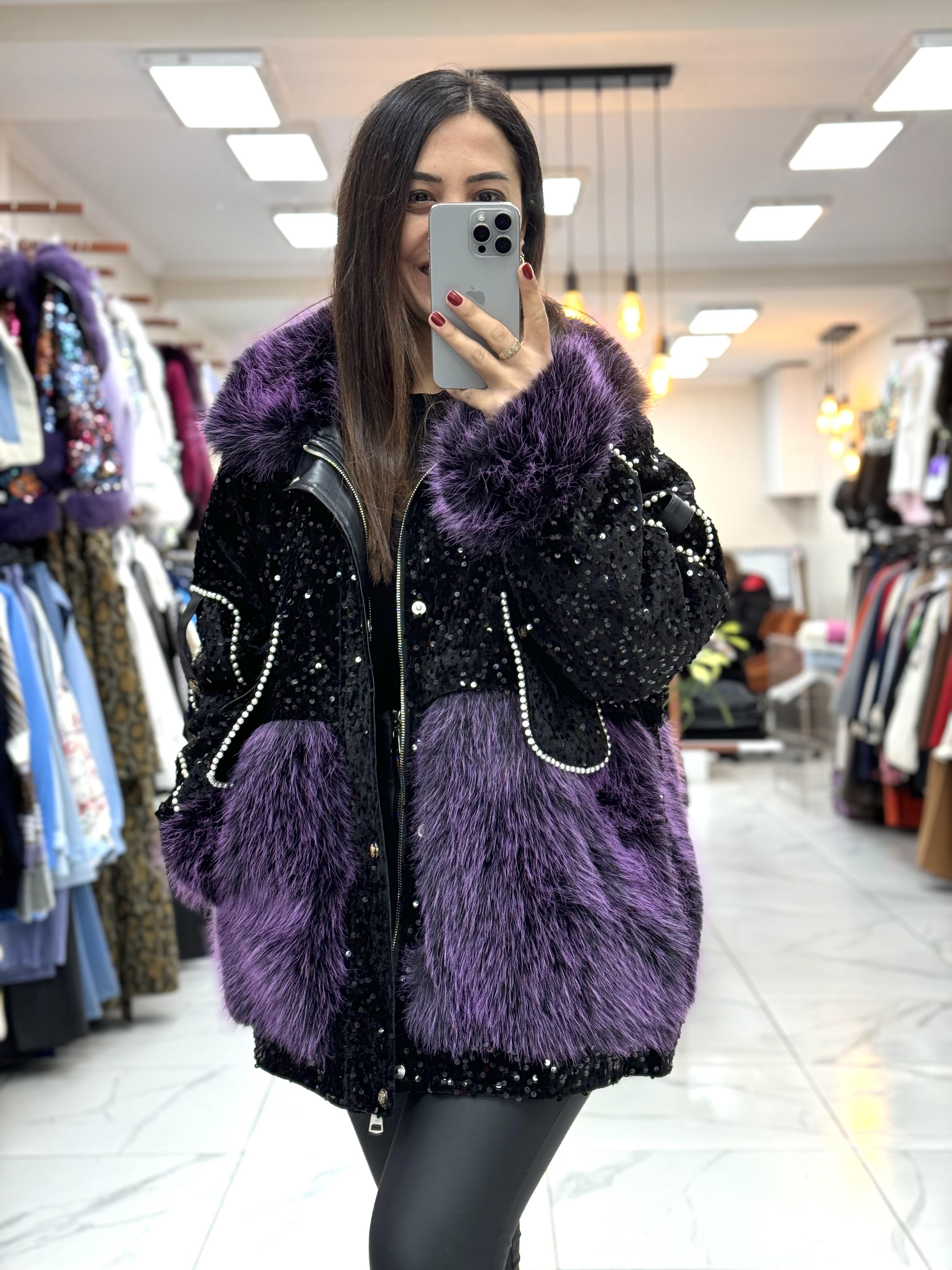 İthal İncili Cepli Kürklü Mont Mor