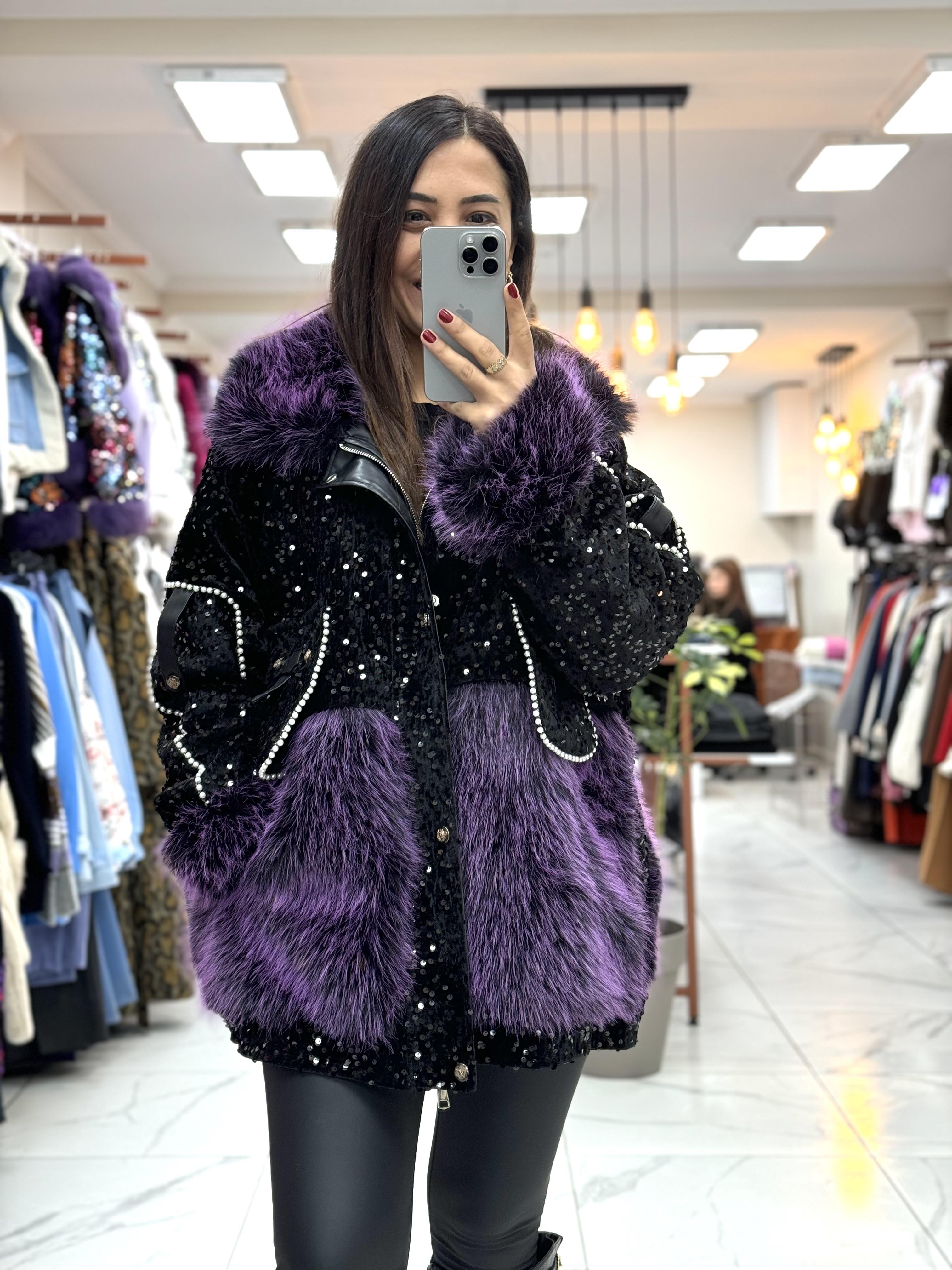 İthal İncili Cepli Kürklü Mont Mor