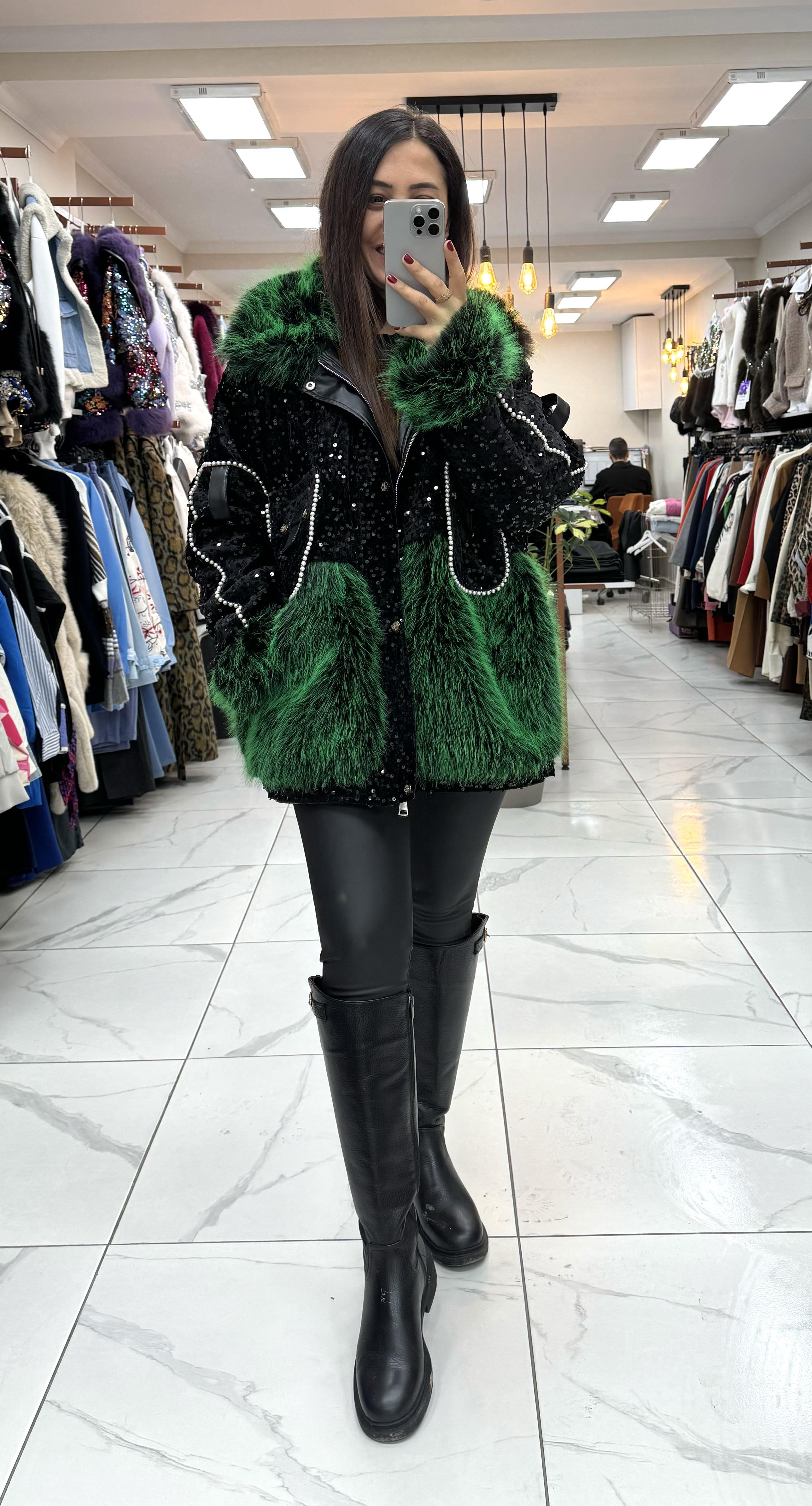 İthal İncili Cepli Kürklü Mont Yeşil