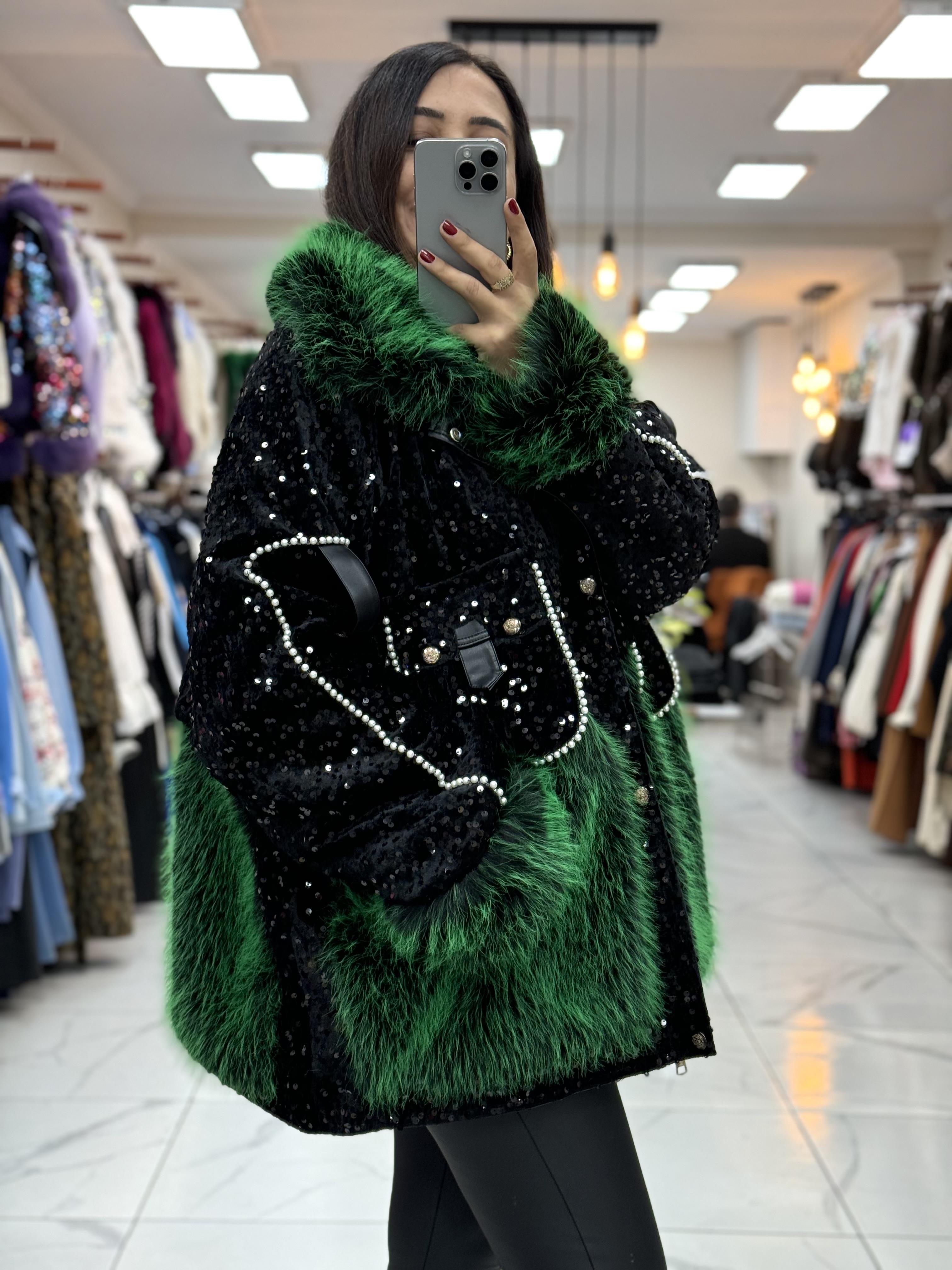 İthal İncili Cepli Kürklü Mont Yeşil