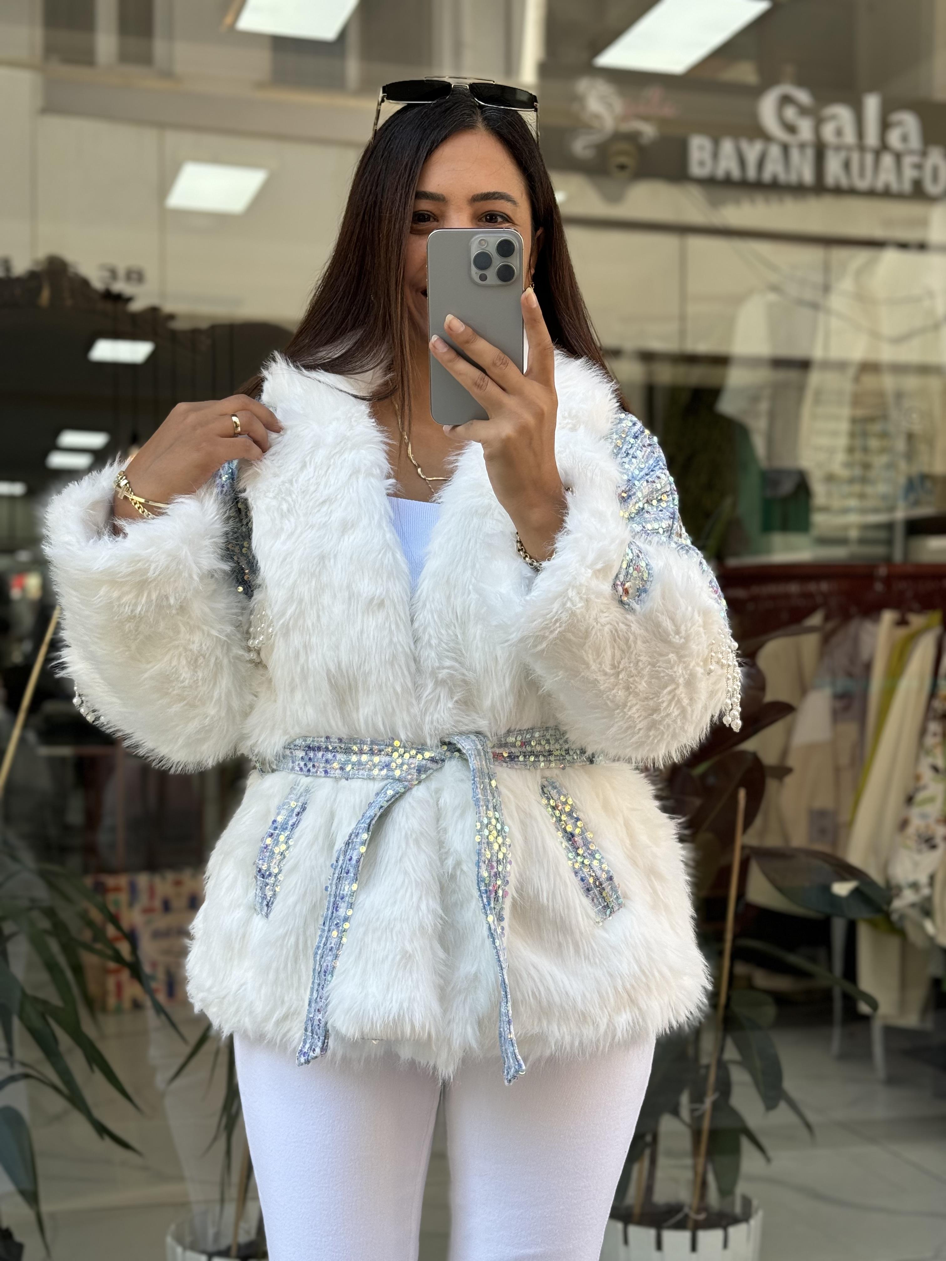 İthal İncili Kürklü Mont Mavi