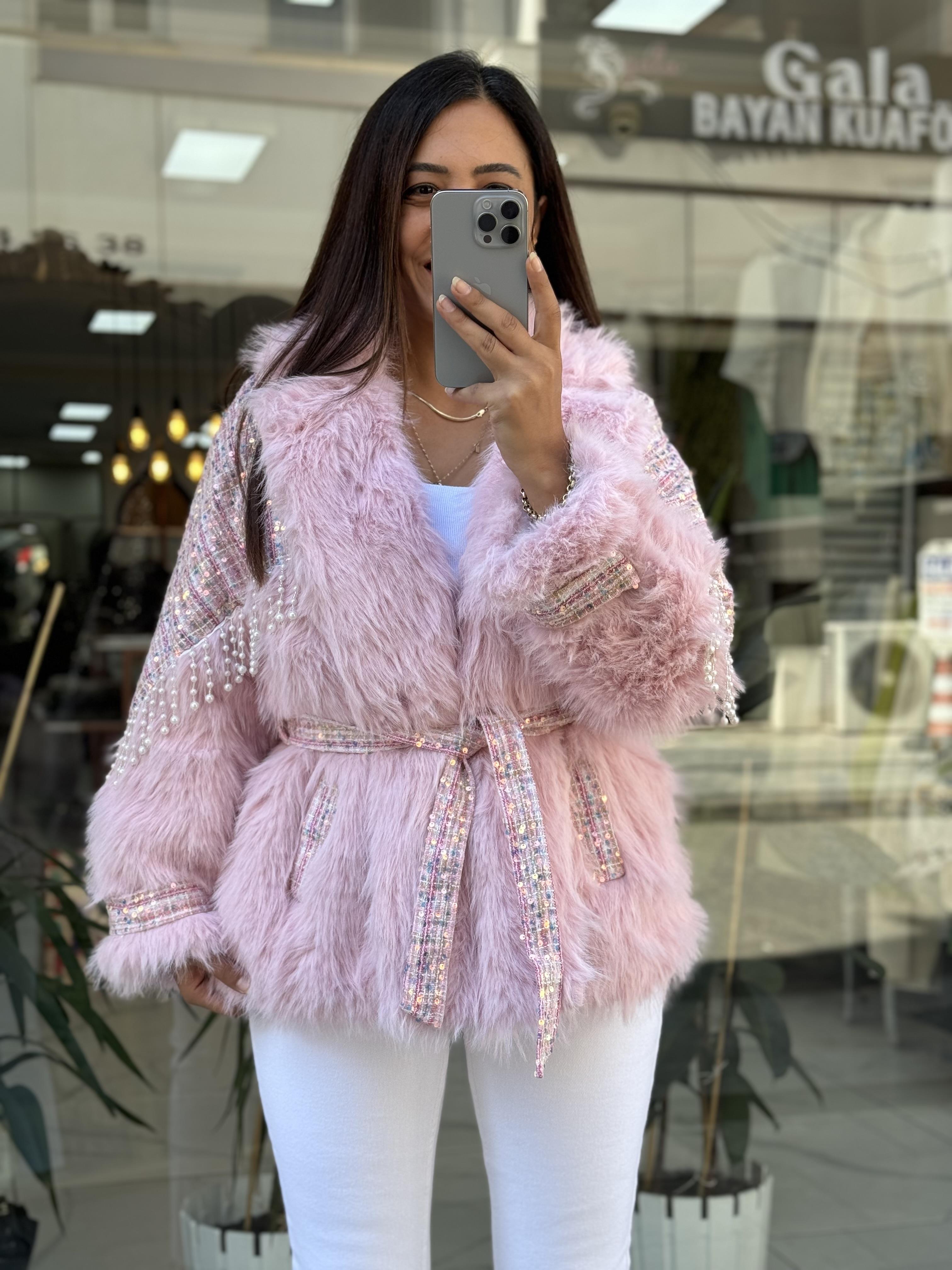 İthal İncili Kürklü Mont Pembe