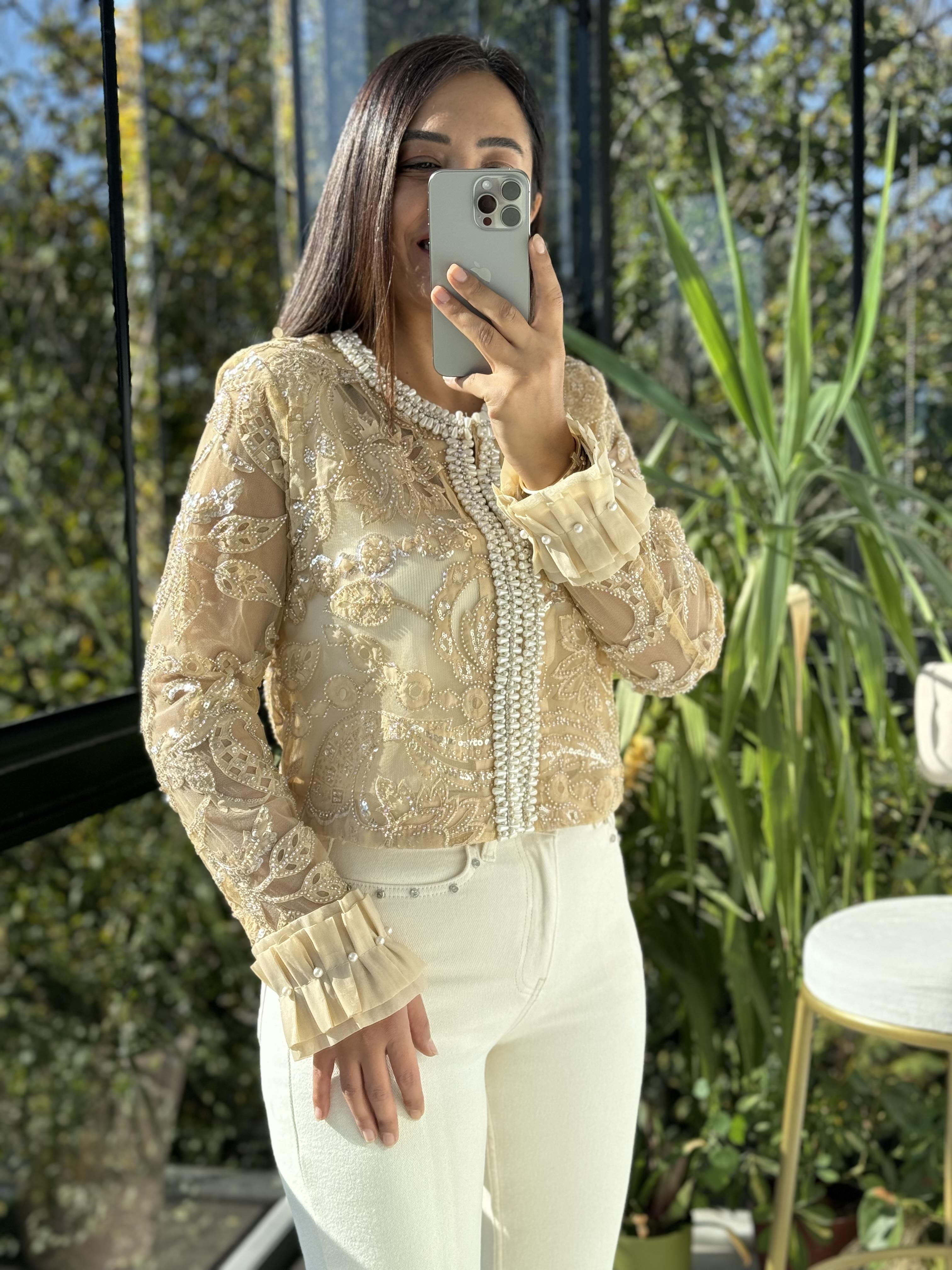 İthal İncili Payetli Crop Ceket Camel