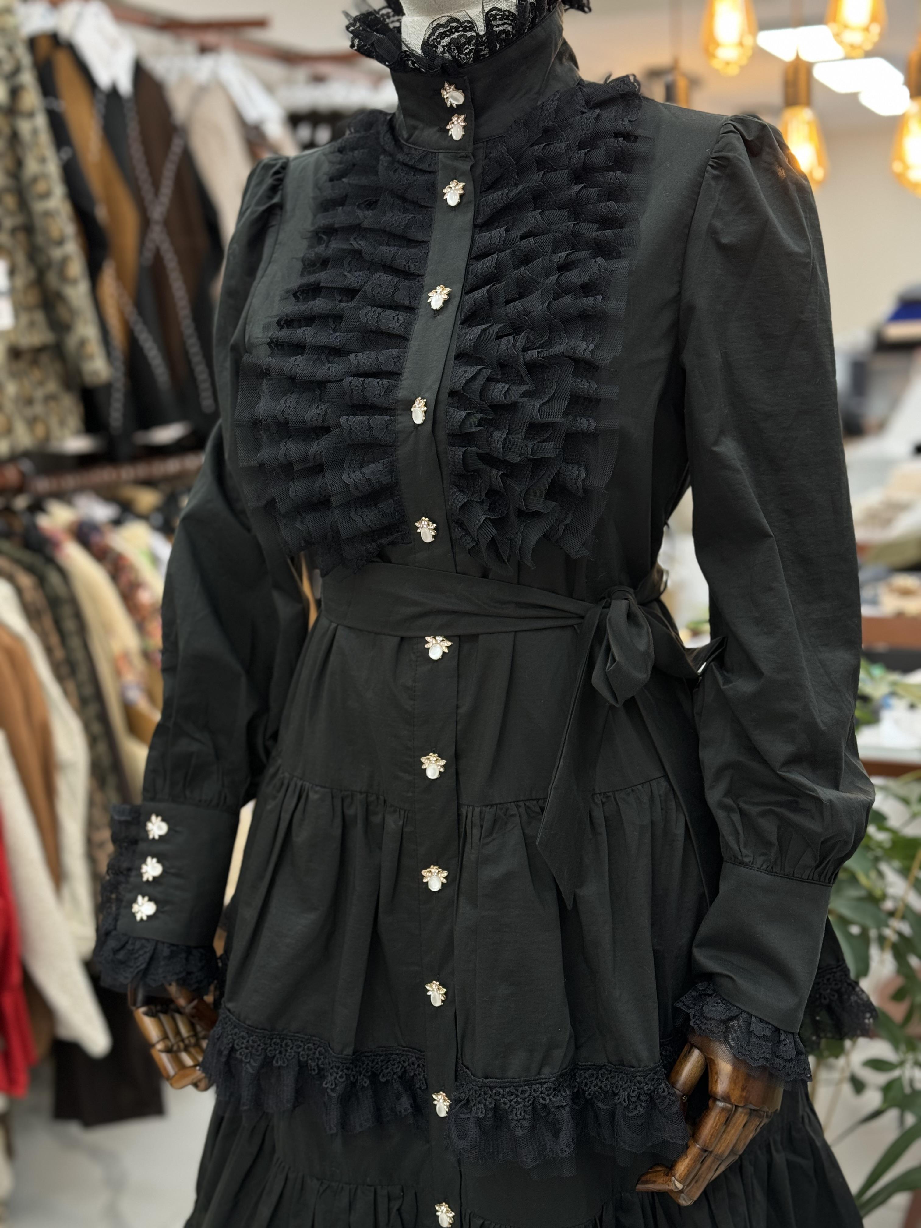 İthal Katlı Düğme Detay Elbise Siyah