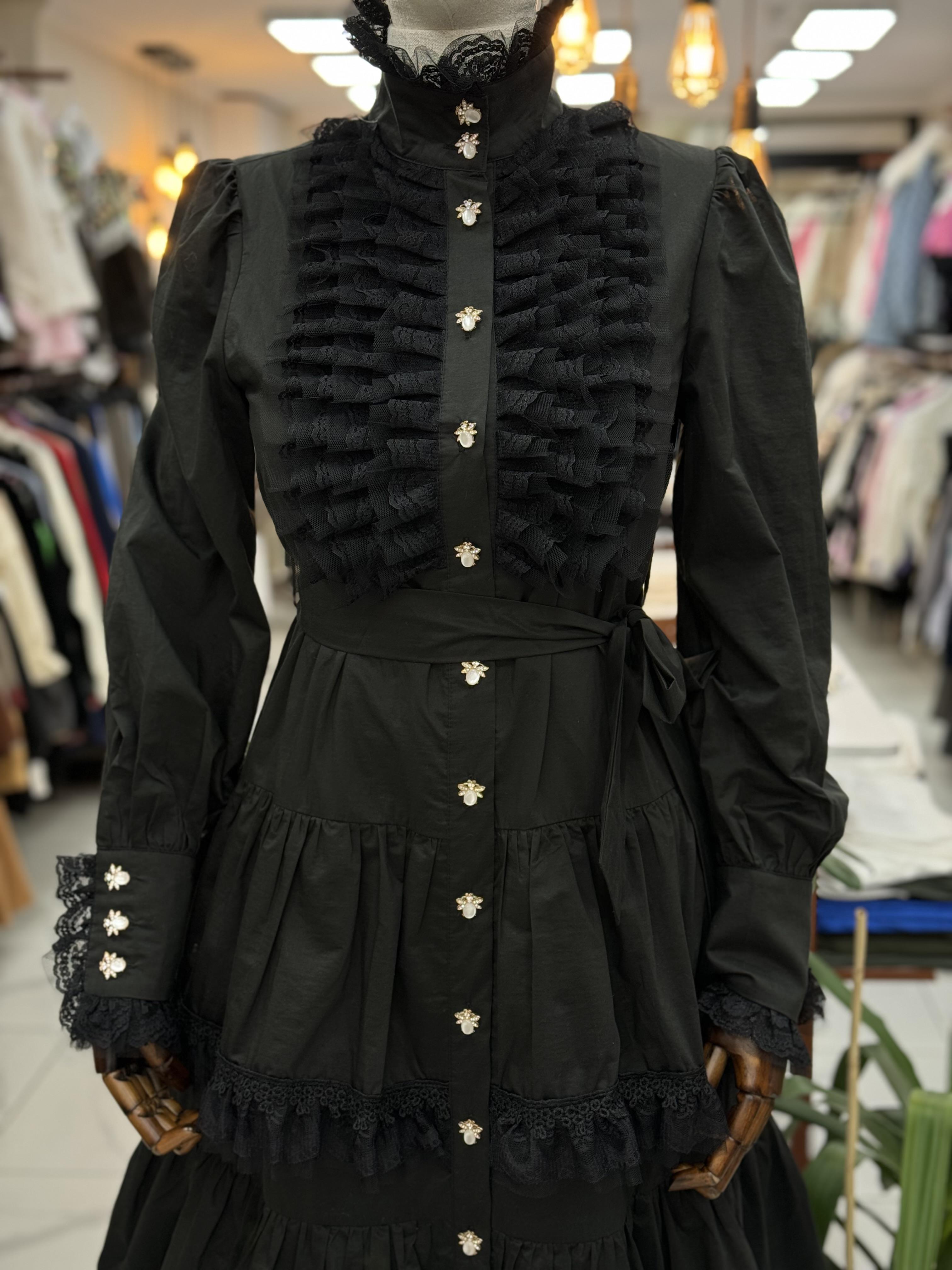 İthal Katlı Düğme Detay Elbise Siyah