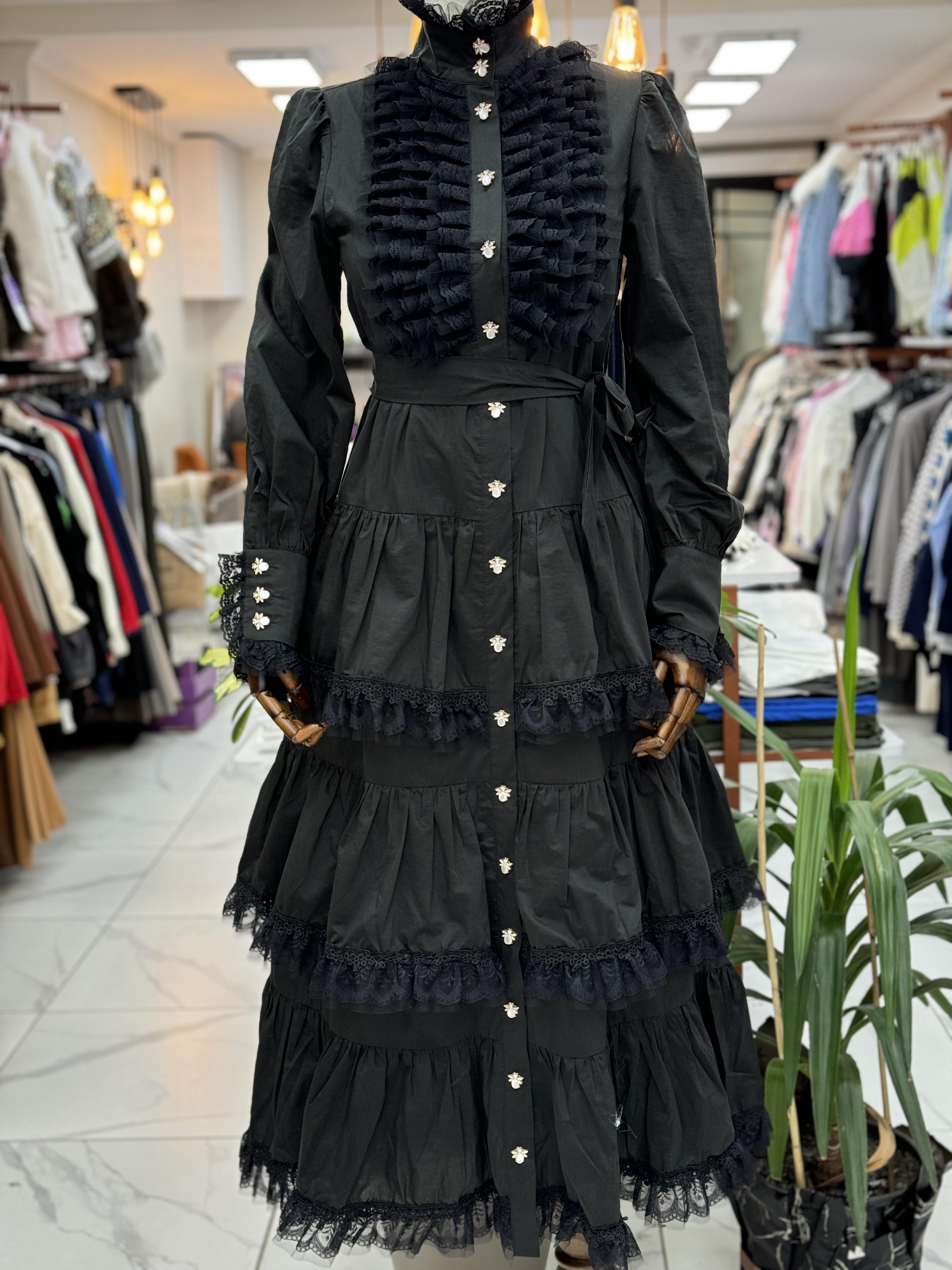 İthal Katlı Düğme Detay Elbise Siyah