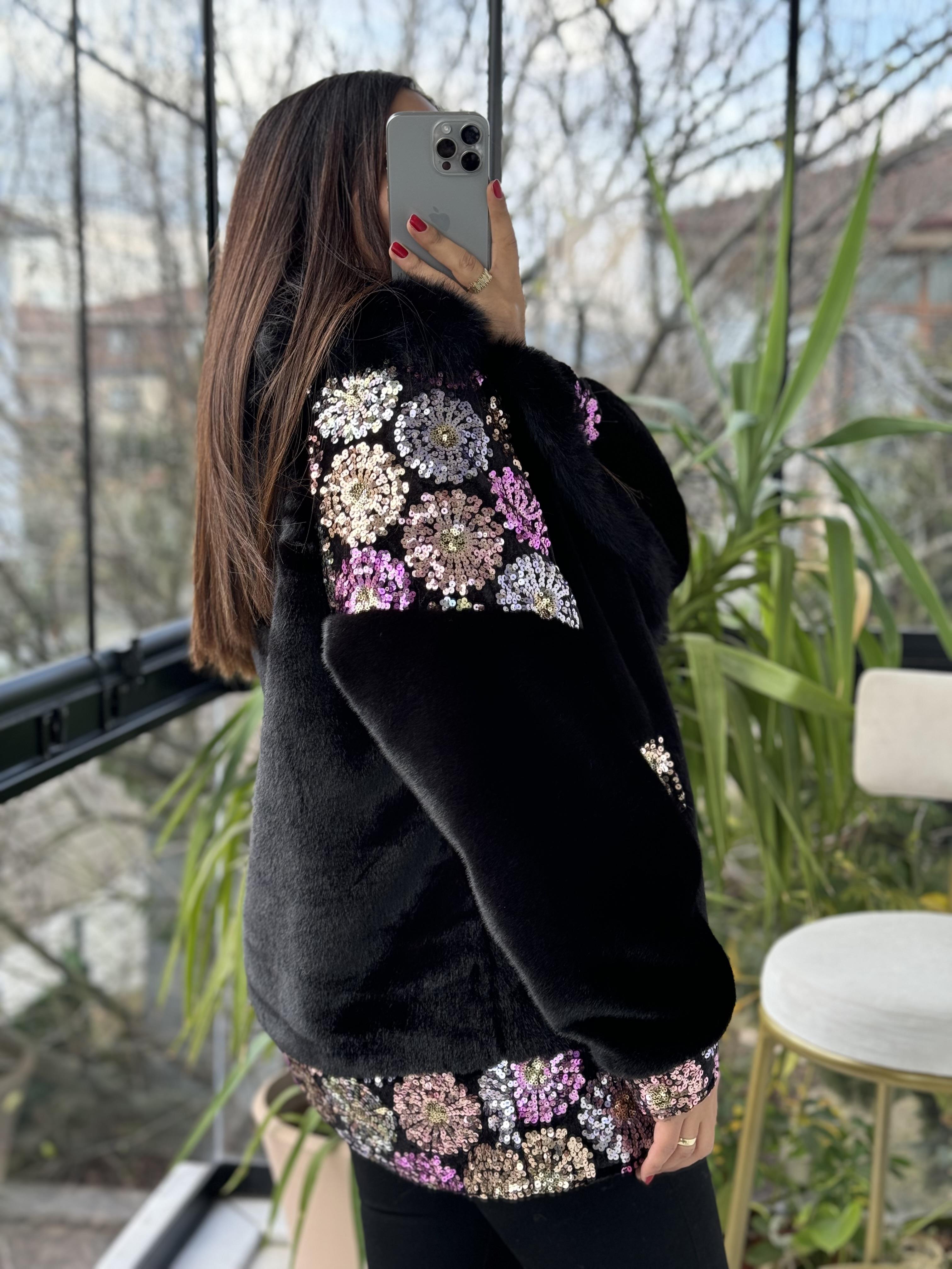 İthal Kürklü Renkli Çiçek Payetli Siyah