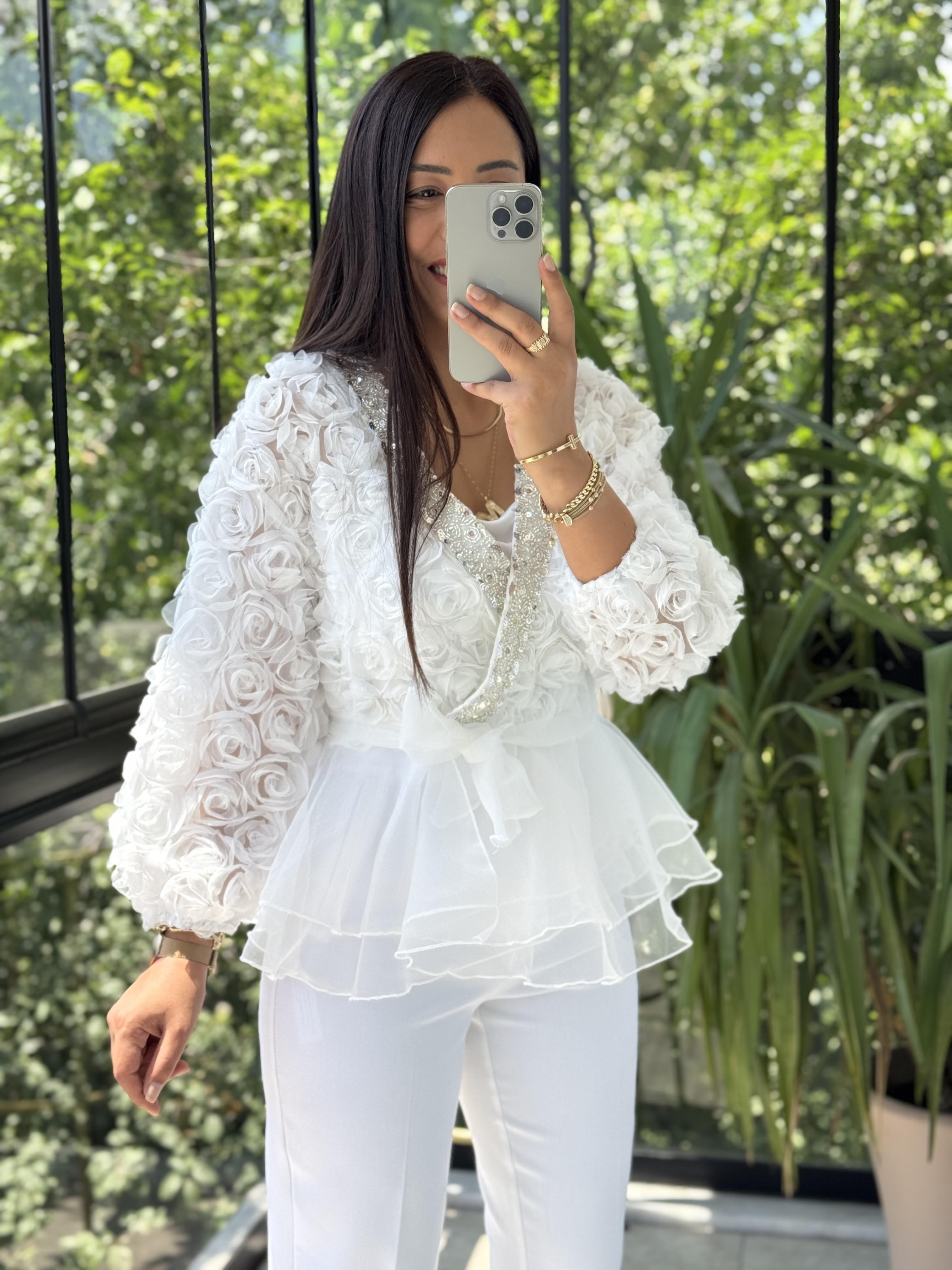 İthal Lüx Gül Detaylı Bluz Beyaz