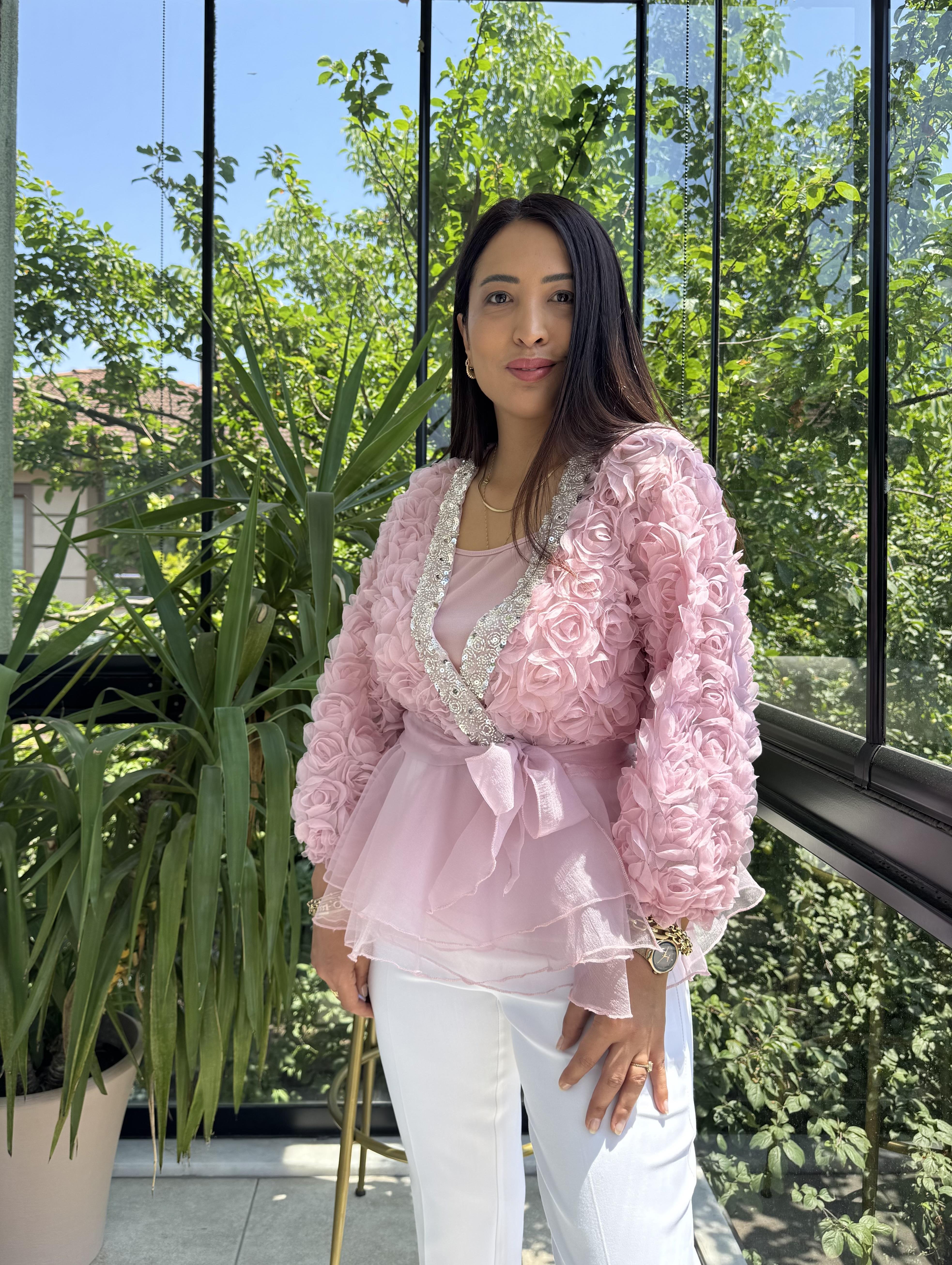 İthal Lüx Gül Detaylı Bluz Pembe