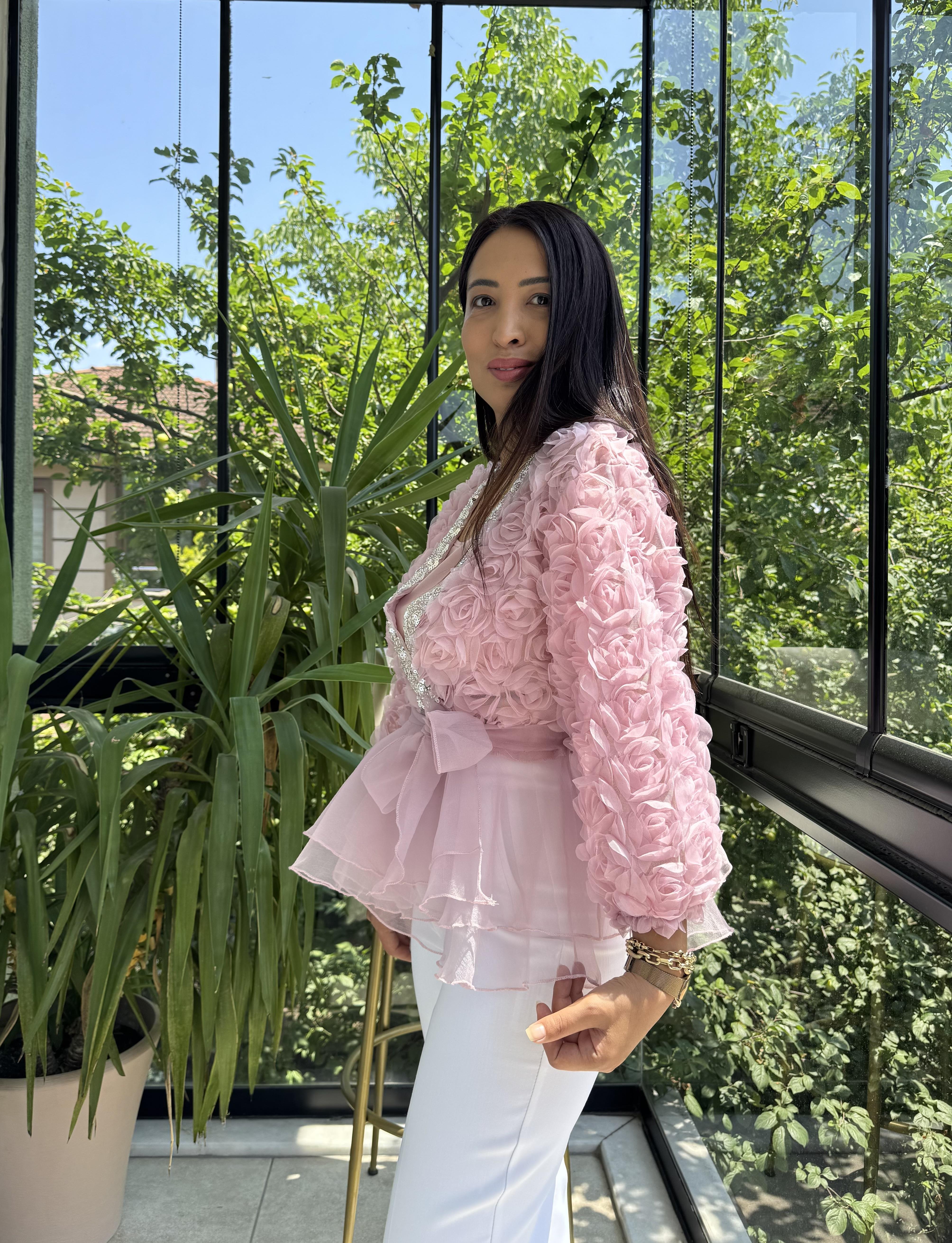 İthal Lüx Gül Detaylı Bluz Pembe