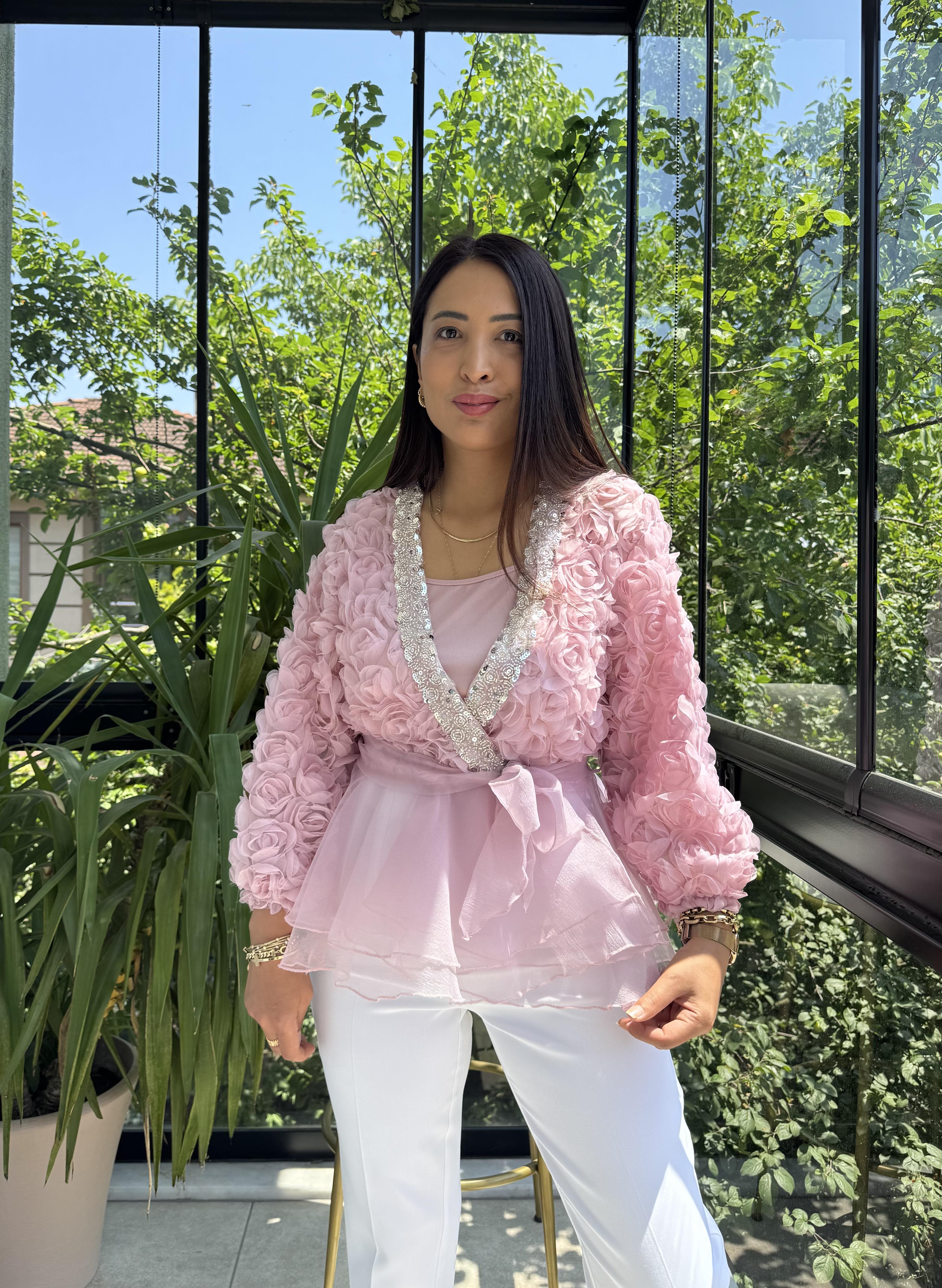 İthal Lüx Gül Detaylı Bluz Pembe