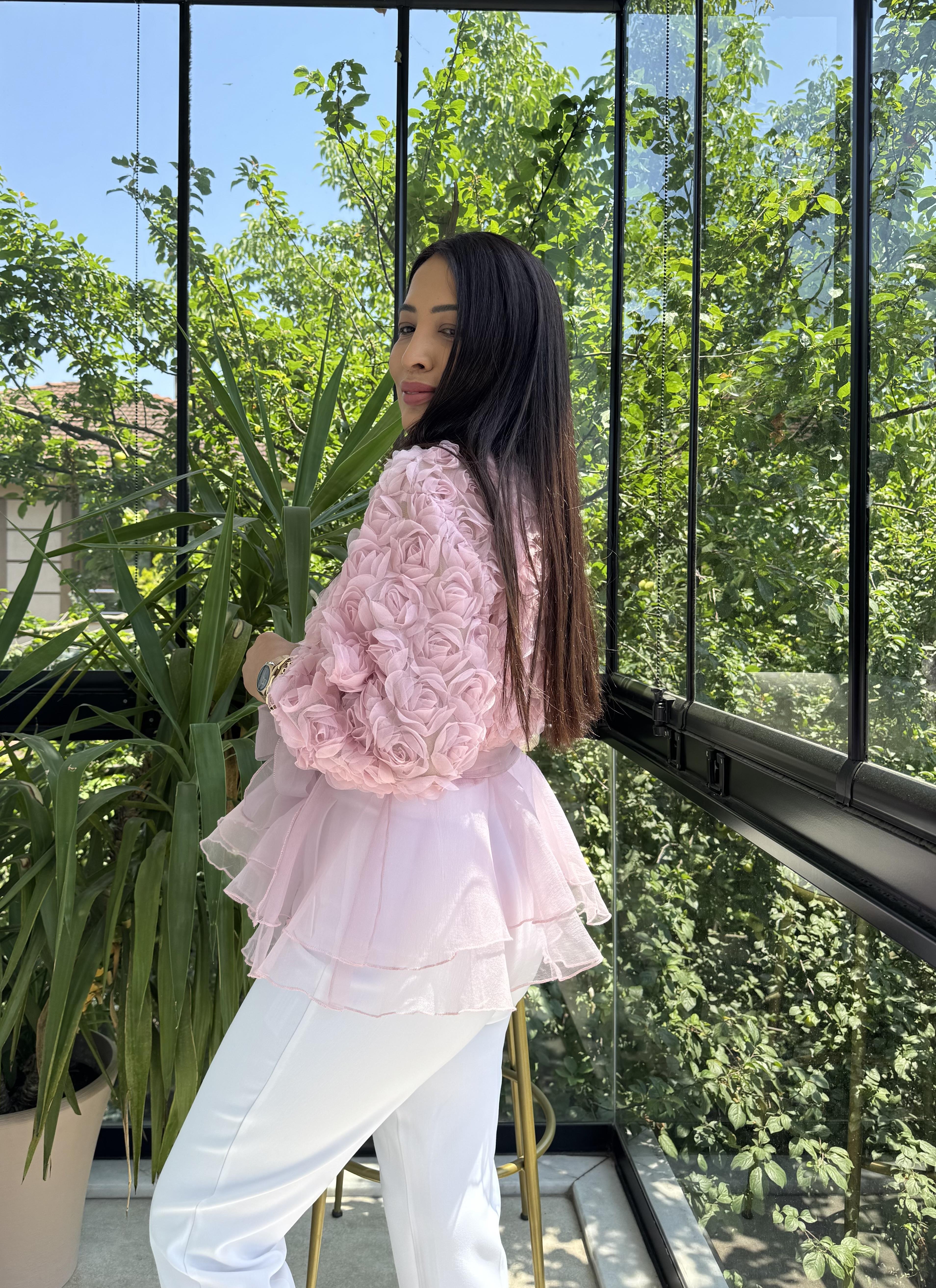 İthal Lüx Gül Detaylı Bluz Pembe