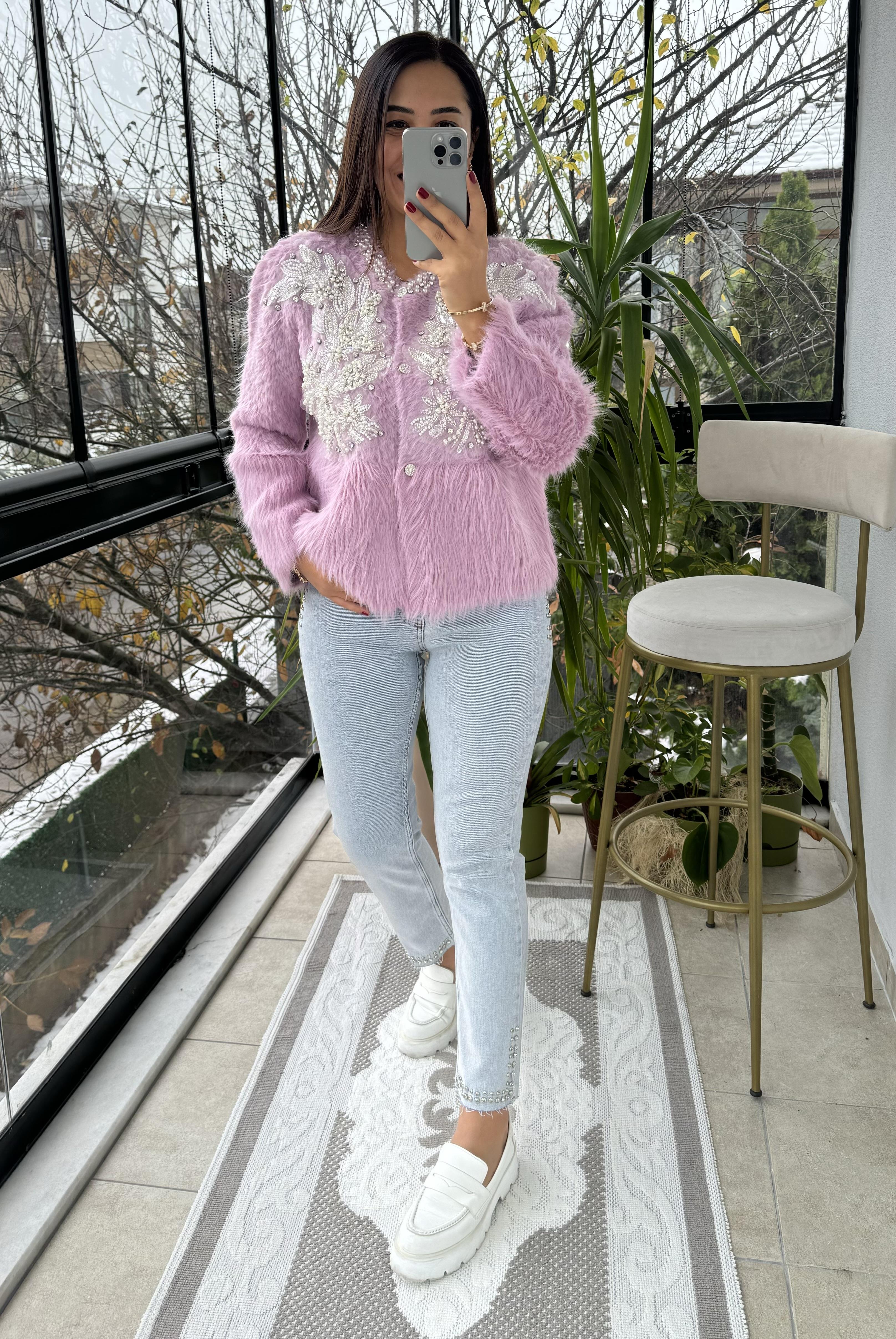 İthal Omzu İncili Hırka Kazak Mor